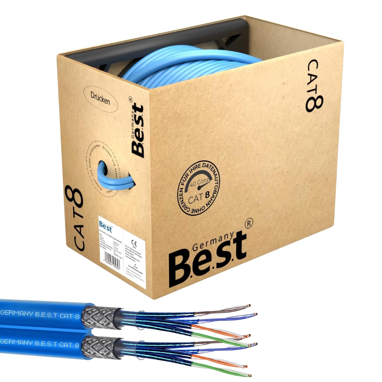 Germany B.e.s.t 100M CAT 8 Duplex Netzwerkkabel Verlegekabel Kupfer LAN Kabel Ethernetkabel S/FTP 40 Gbit/s Kat 8 reines Kupfer Datenkabel PoE++ LSZH Datenkabel