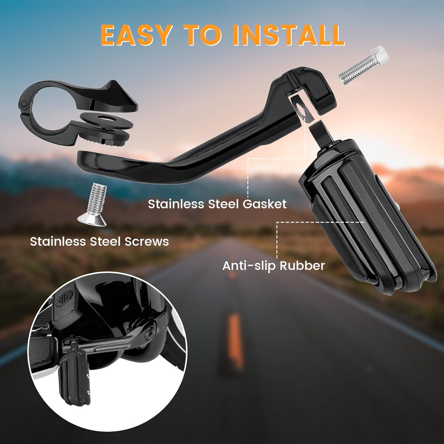 1.25" Highway Long Angled Pegs Adjustable for Harley Davidson Touring Road King Road or Street Glide Electra Glide Dyna Sportster Softail 1 1/4" Engine Guard Foot Pegs, Black