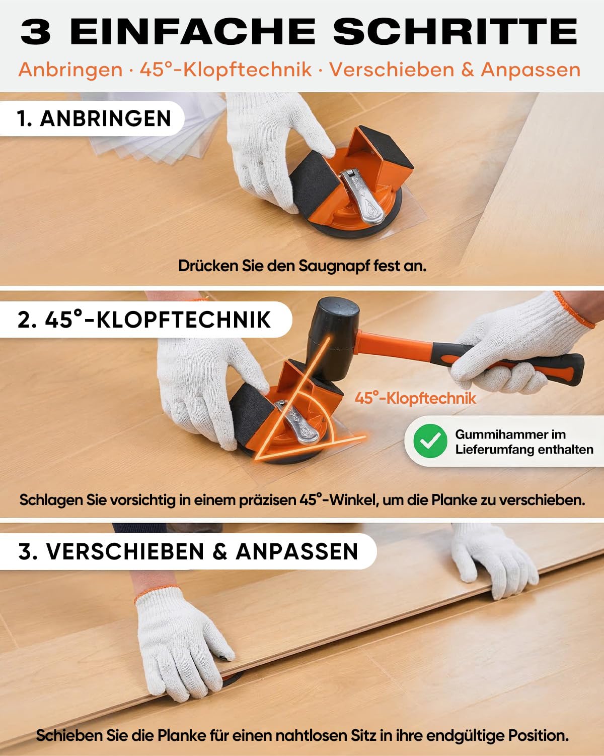 Saker Laminat Verlegeset mit Saugnapf & Schlagfunktion, Laminat Reparaturset für Bodenfugen, Bodenlücken schließen Werkzeug für Laminat & Vinyl, Flooring Installation(Single Saugtasche + Gummi Mallet)