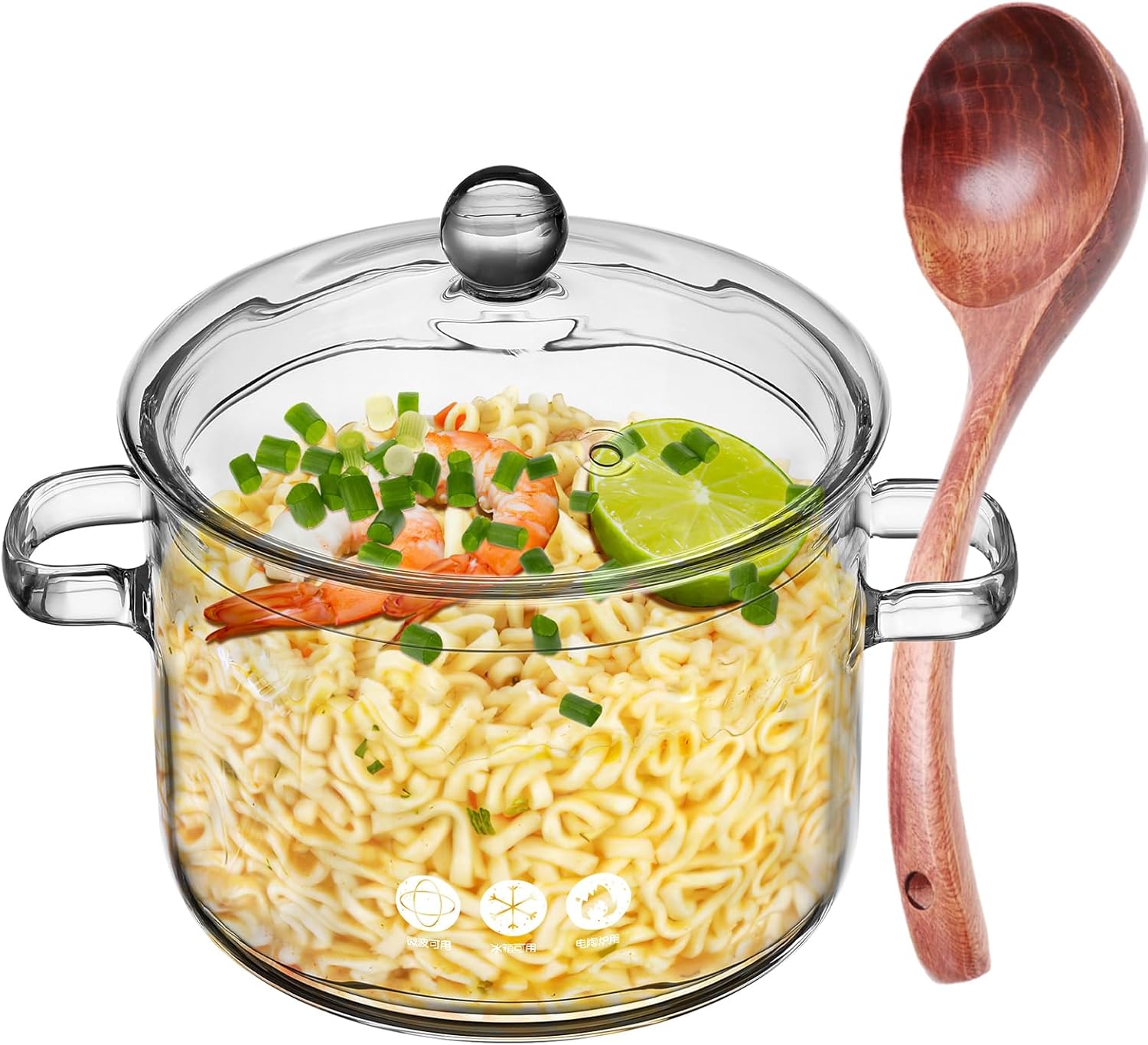 Glass Cooking Pot with Lid and Wooden Spoon, 2L Transparent Saucepan with Dual Handles for Soup, Pasta, Milk, Tea, and Home Cooking