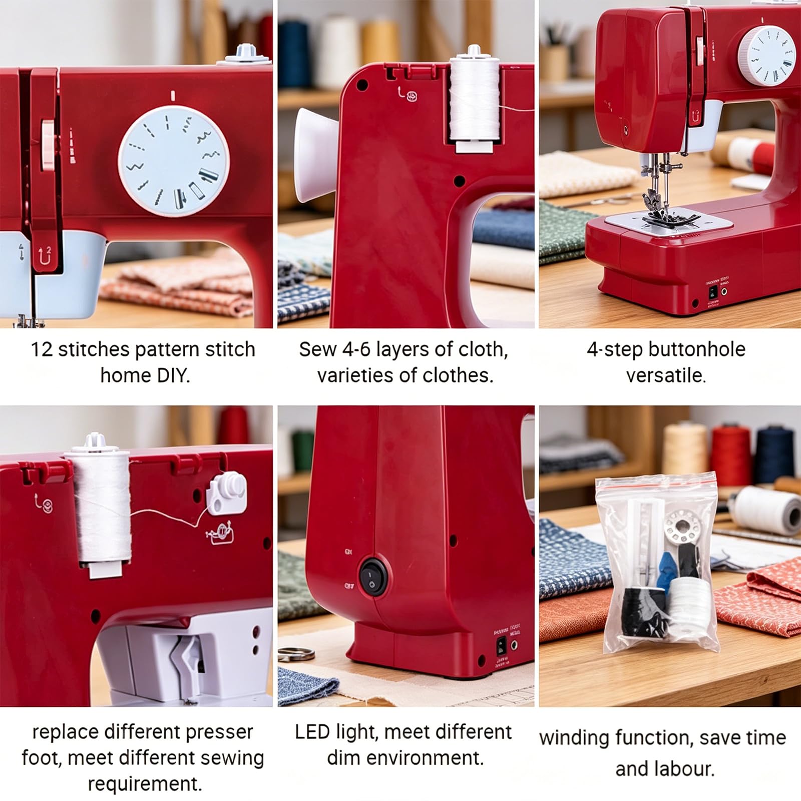 Máquina de Coser Portátil, Máquina de Coser Eléctrica con 12 Puntadas Incorporadas, Ojal de 4 Pasos, Puntada Reversa y Luz LED, Máquina de Coser Compacta para el Hogar para Reparación de Ropa y Manual