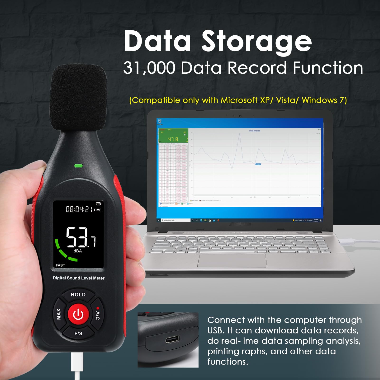 Decibel Meter Data Logger Sound Level Meter with 3-Color Display and Alarm — Amazon image 2