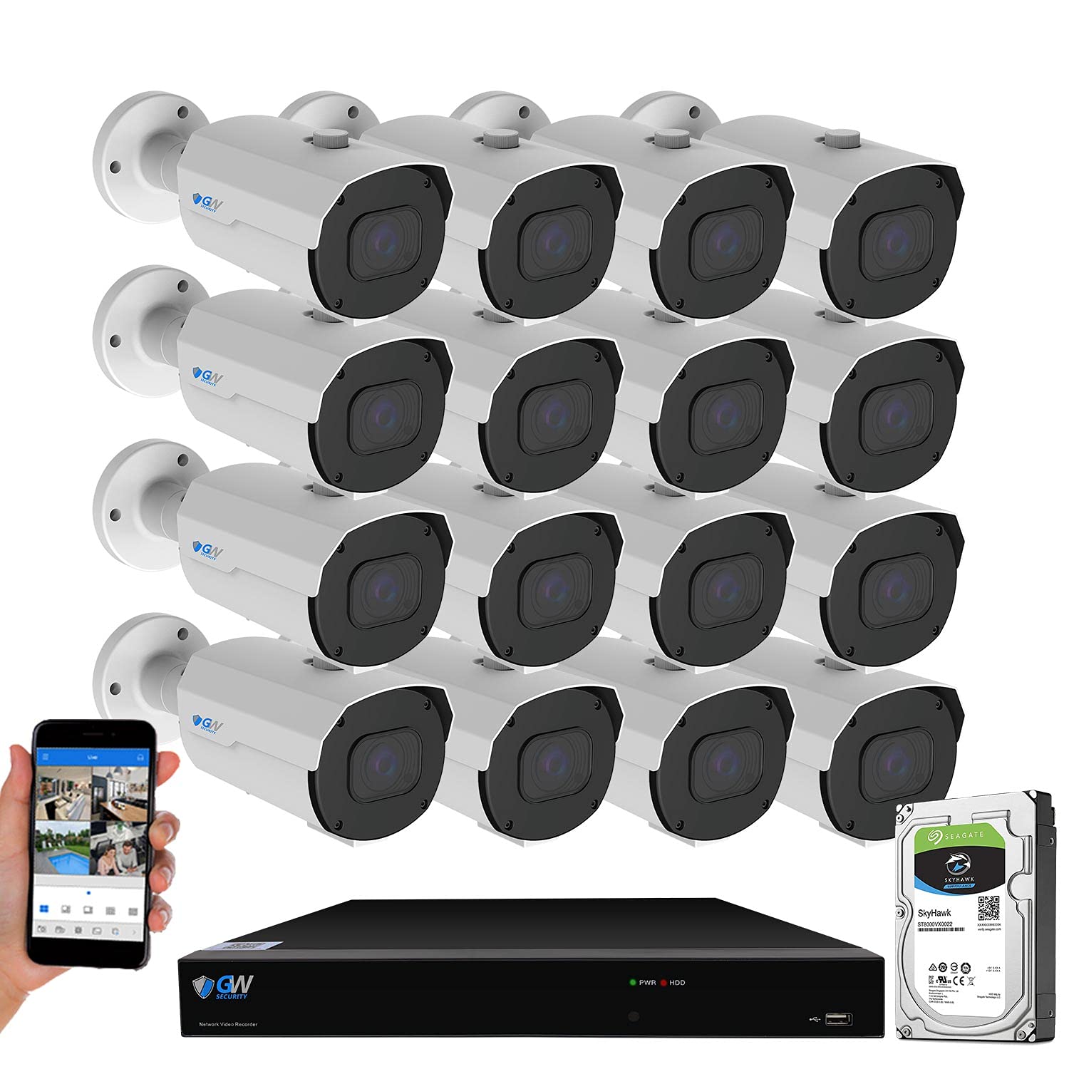 GW 4K (3840x2160 @30fps Real-time) 5X Optical Motorized Zoom Outdoor 8MP Bullet PoE IP 16 Channel Security Camera System, AI Facial Recognition/Human/