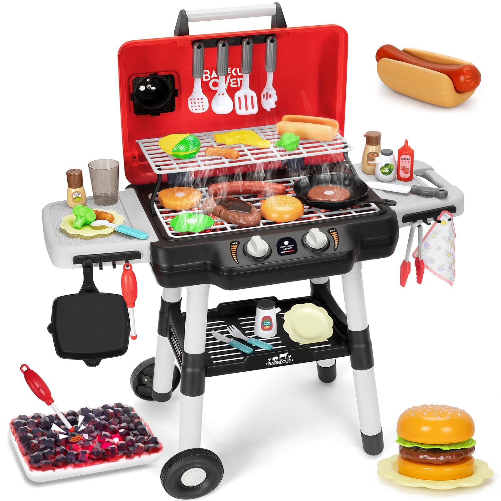Kids Play Kitchen Toys, Kids BBQ Grill Playset with Smoke Sound Light, 2-Layer Barbecue Toy with Wheels, Outdoor Play Food Toys Cooking Set for