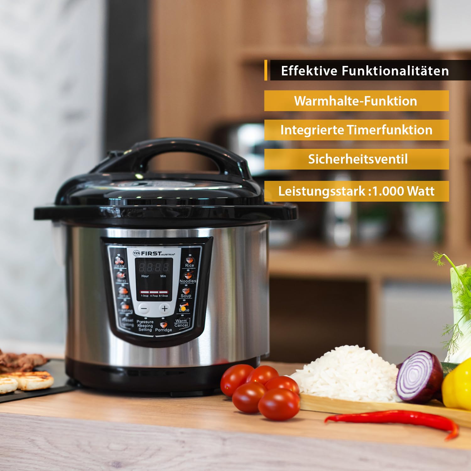 TZS First Austria - Elektro Schnellkochtopf 6L mit 9 Auto-Programmen - Multikocher 1000W Multicooker als Reiskocher, Dampfgarer, Crock Pot etc. - Elektrischer Multivarka Druckkochtopf