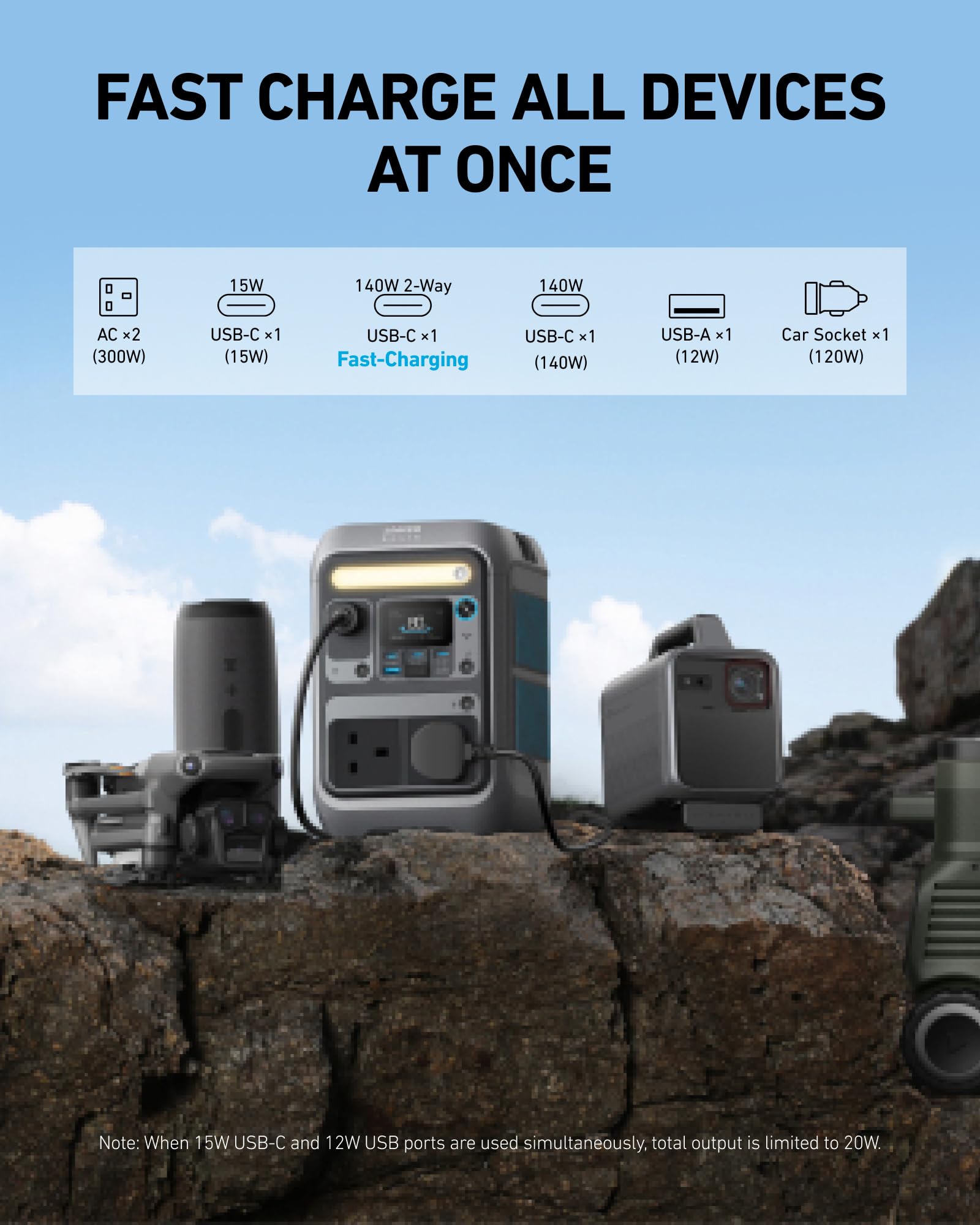 Anker SOLIX C300 Portable Power Station with 100W Solar Panel, 288Wh LiFePO4 Battery, 300W (Peak 600W) Solar Generator, 140W Side Quick Charging Power, for Camping, Outdoors, Travel & Emergency - 4