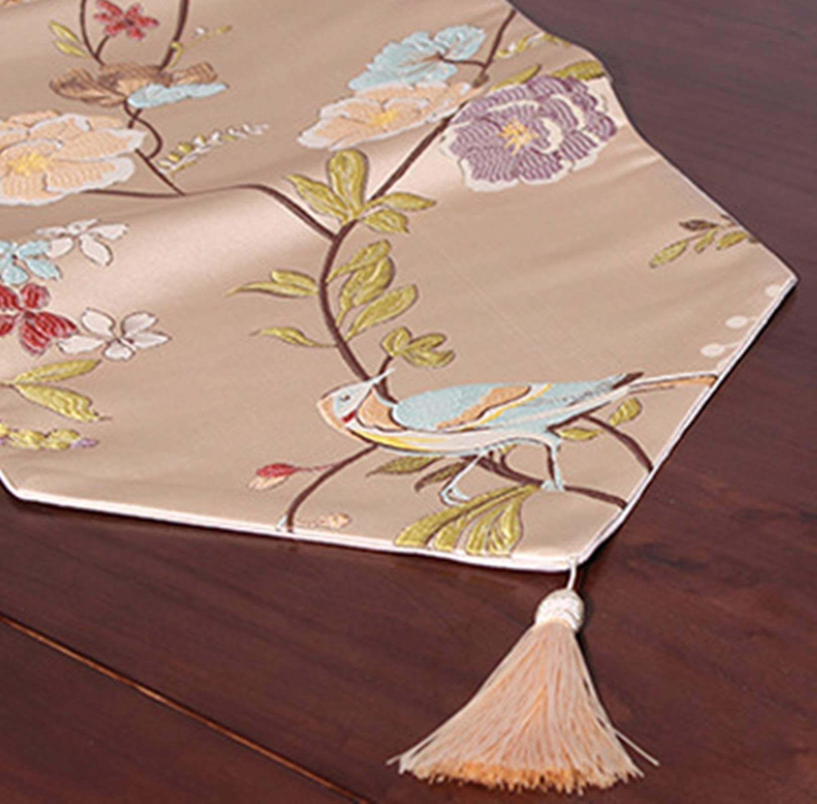 Runner Autunnale Beige, Runner Autunnale Poliestere Fiori di Uccelli Classici Runner Tavola Autunno Decorazioni 33x210cm