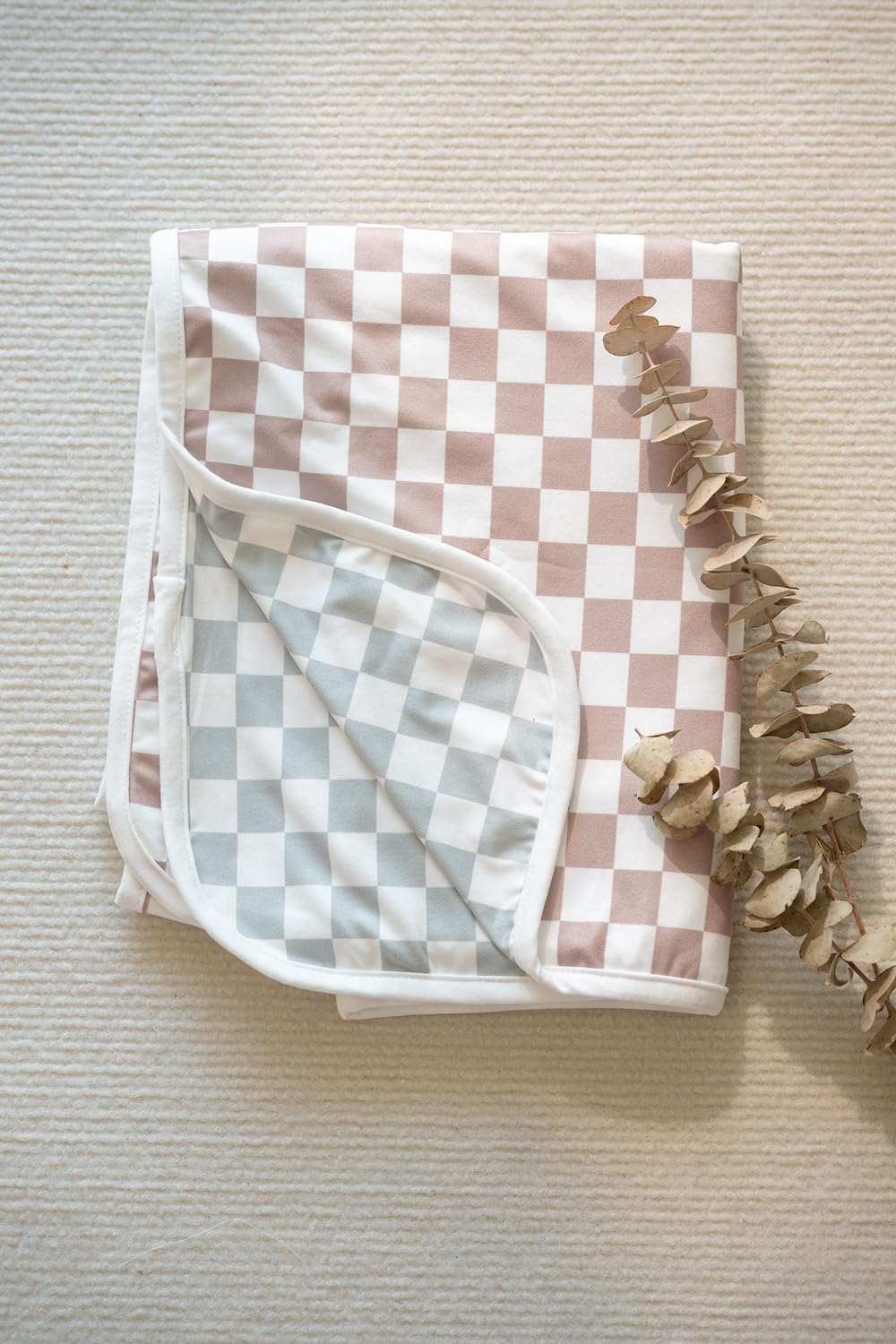 Little Jump 2- Layers Jersey Knitted Swaddle Blanket, Premium Baby Blanket,Soft Stretchy Quilt for Babies, Toddlers, Kids (Coffee & sage cherckered) - Image 3