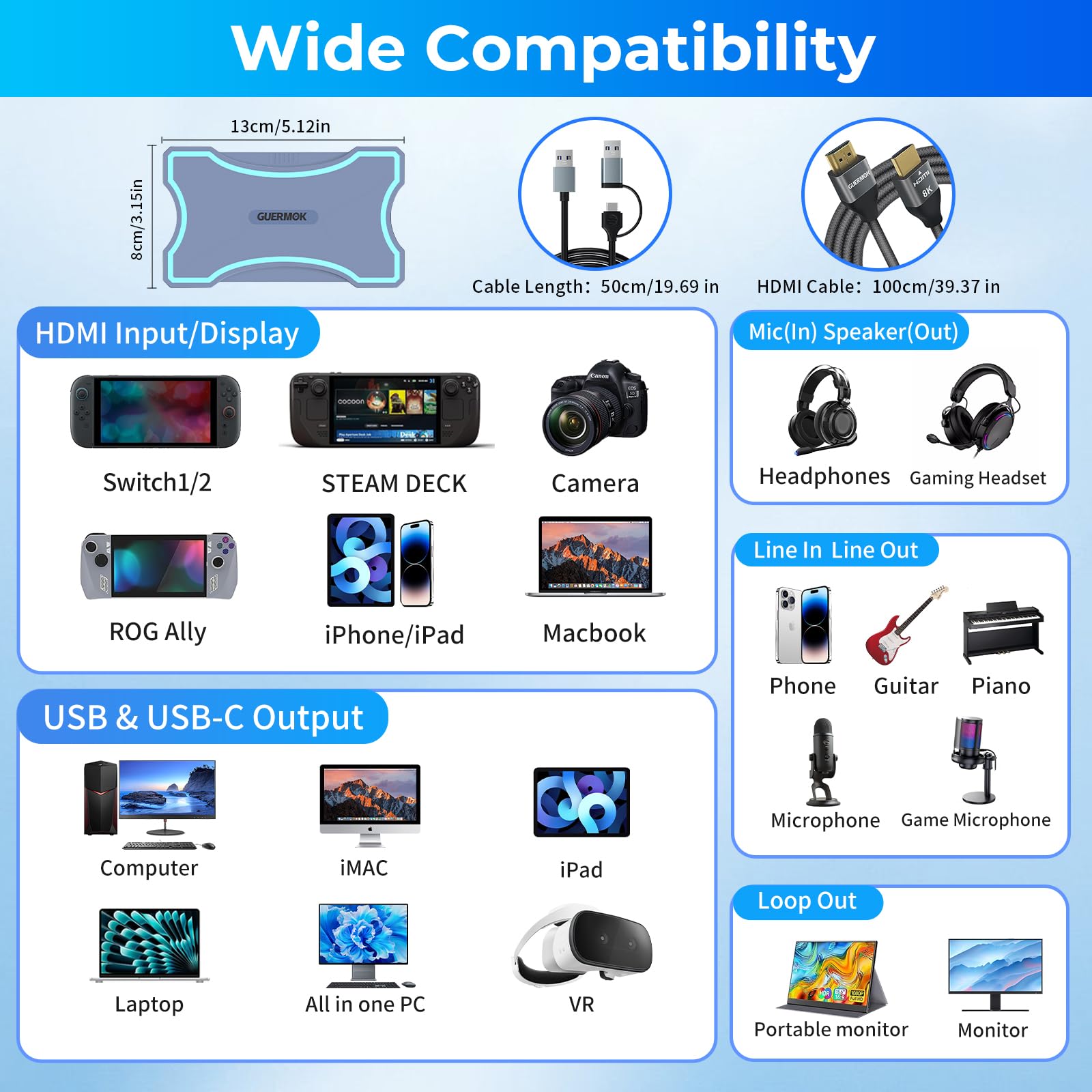 Guermok, Scheda acquisizione HDMI, 4K60FPS / 2K120FPS, Touch LED, streaming | Streaming, registrazione e gaming a bassa latenza, Compatibile con console portatili, computer, software di streaming, USB3.0