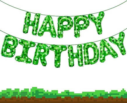 Green Pixel Themed Happy Birthday Banner Party Decorations Kit with Pixel Balloons,TNT Pixel Backdrop Supplies for Boys Kids Indoor Outdoor Celebration, Themed Party Essentials Pixel Green