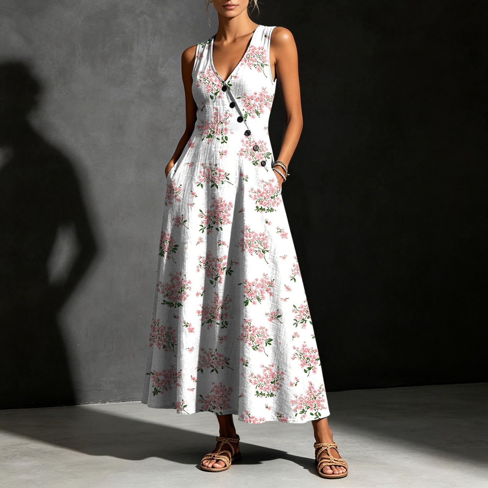 Abiti Estivi Donna Cotone Corti Abito Estivo da Donna Senza Maniche con Fantasia Floreale, Bottoni Asimmetrici e Scollo a V. Abito Estivo