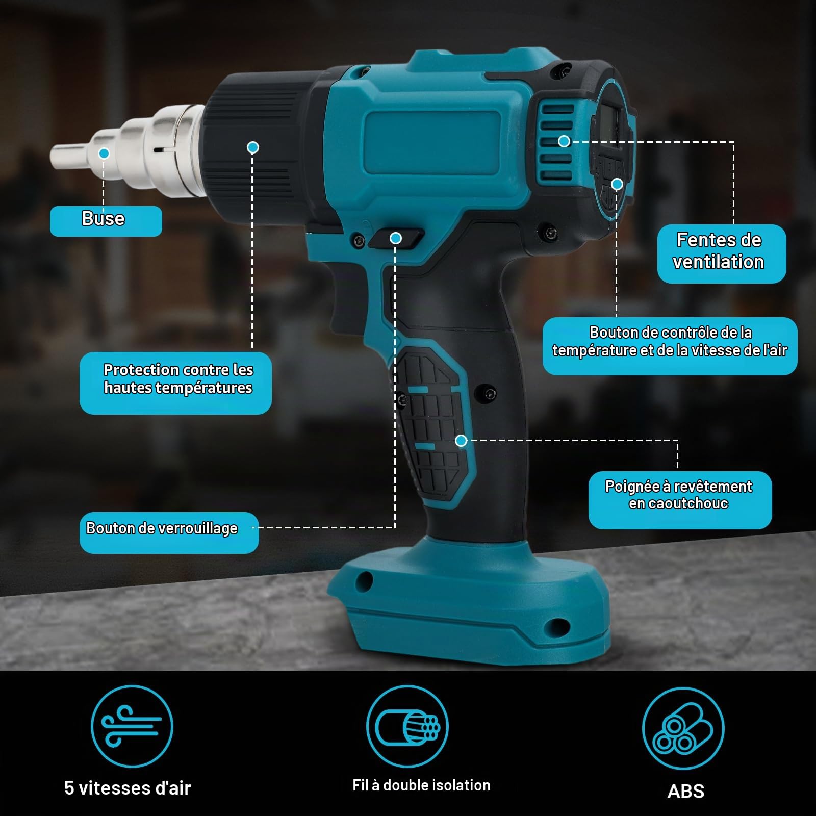 Decapeur Thermique Sans Fil pour Batterie Makita 18V, Décapeur Thermique avec 8 buses, 4 vitesses et écran LCD pour le séchage, pour le séchage, cintrage de tubes, enlèvement de peinture