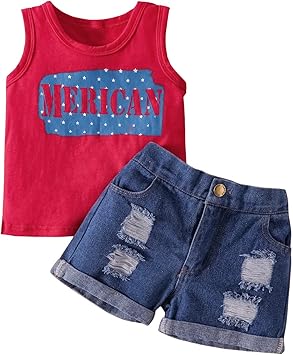 Generic Baby,Clothing,Baby Boys 0-24m,Outfits & Clothing Sets Toddler Kids Baby Girls Boys 4th Of July Summer Sleeveless Independence Day Vest T Shirt Tops Denim Shorts Outfits Set Baby Boy Romper (Red, 6 Months)