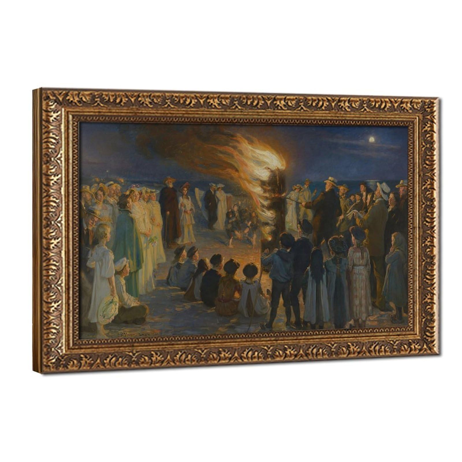 WCYB Peder Severin Kroyer - Midsummers Eve Bonfire on Skagens Beach Prints Posters Canvas Deco Paintings Wall Art For Office Living Room Hangable Frame 24"