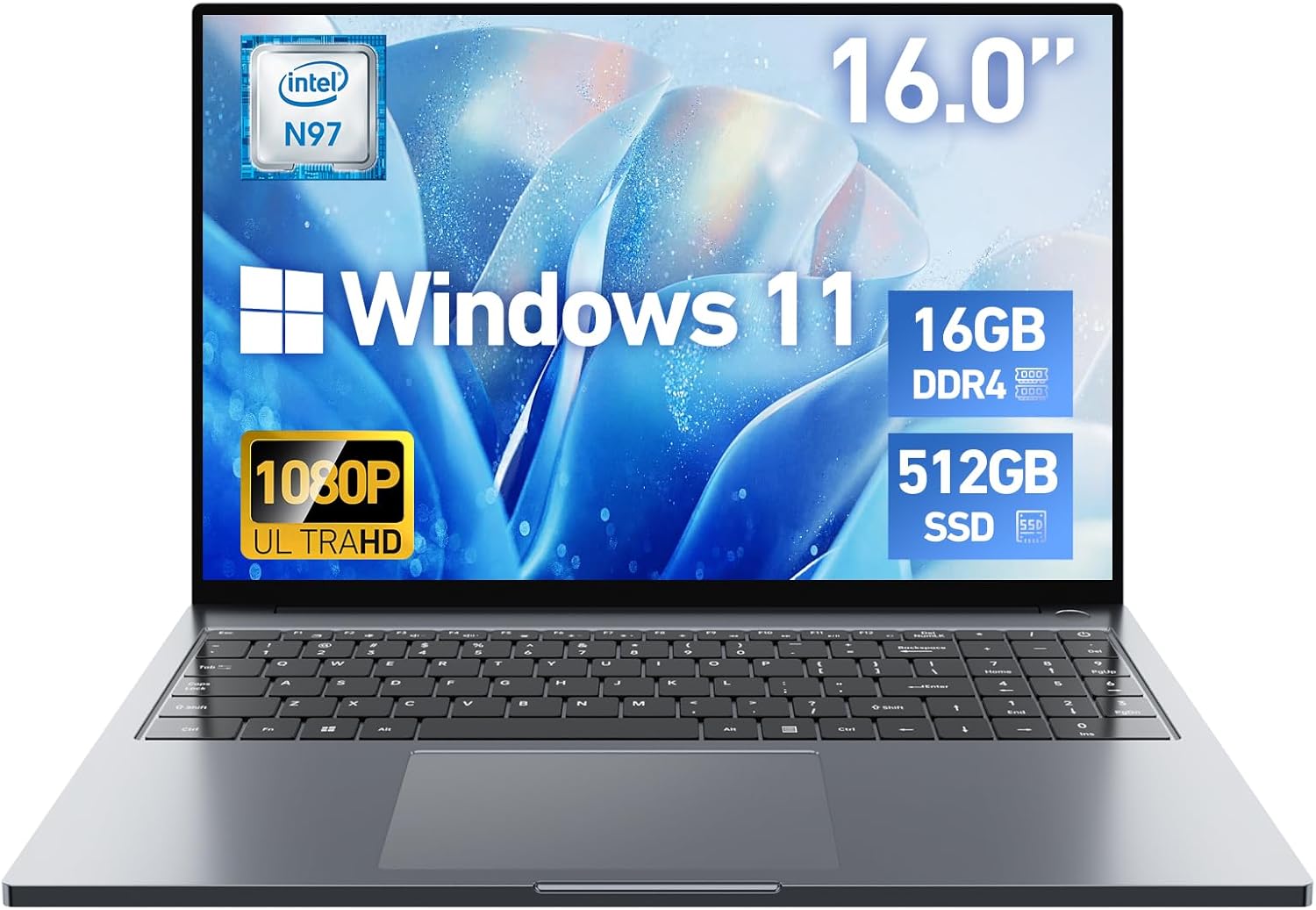 2025 Newest 16” Laptop Computer Windows 11, Intel N97 Processor(Max 3.60GHz), 16GB RAM 512GB SSD, Full HD 1080P Laptop with Backlit KB, Fingerprint, USB3.0, Type-C, HDMI, WiFi&BT, Metal Gray