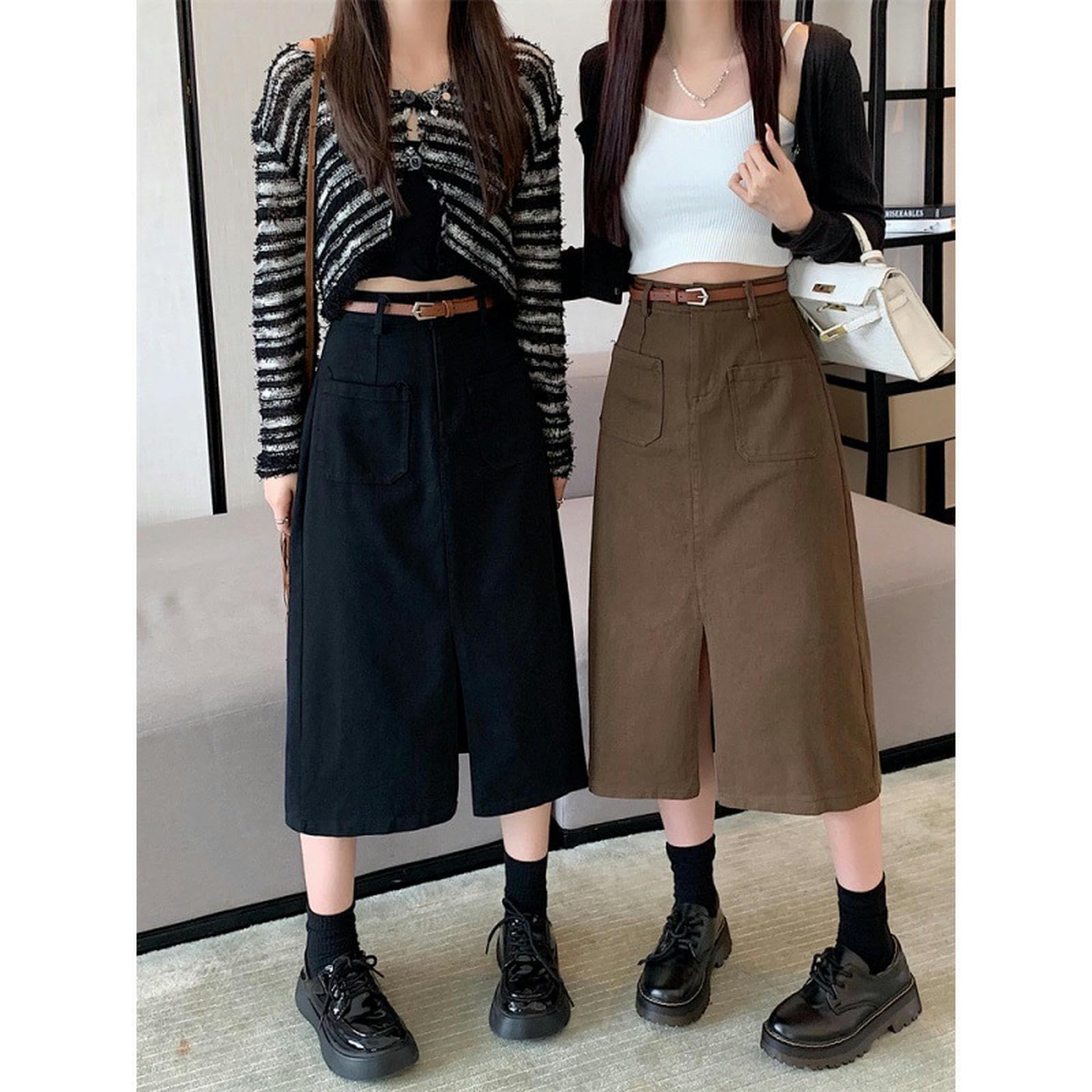 Gonna Lunga Donna Gonna delle Donne A Vita Alta Elastica A-Linie Dimagrante Middle Slit Denim Gonna per Le Donne con Cintura Inclusa-Nero-m