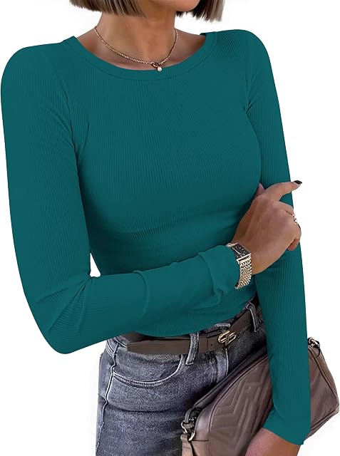 WNEEDU Women Long Sleeve T-Shirt Crewneck Ribbed Knit Slim Fit Tee Tops 2026 Casual Basic Spring Fall Blouse