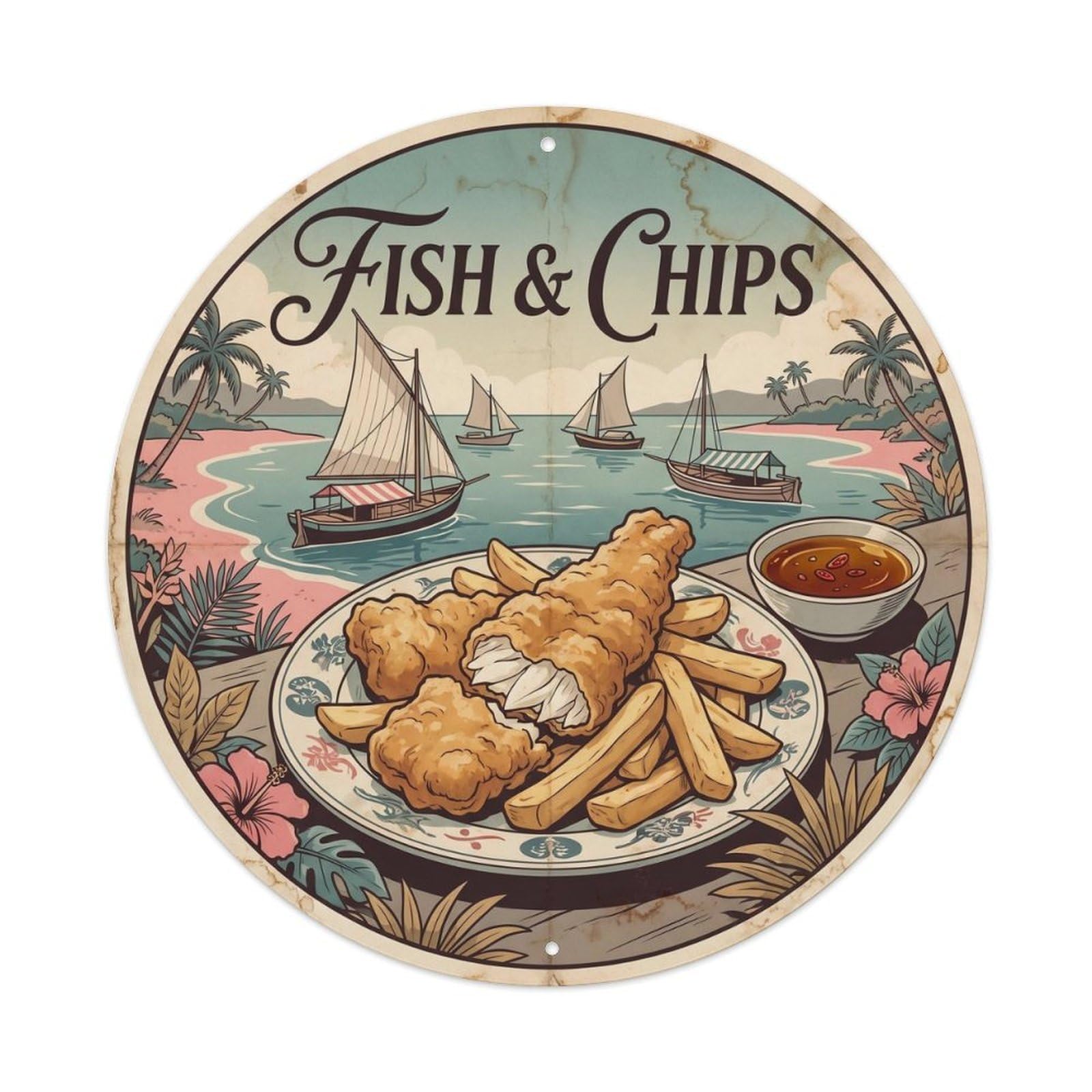 Market Food Seafood Chips Bermuda Culture Heritage Metal Tin Sign
