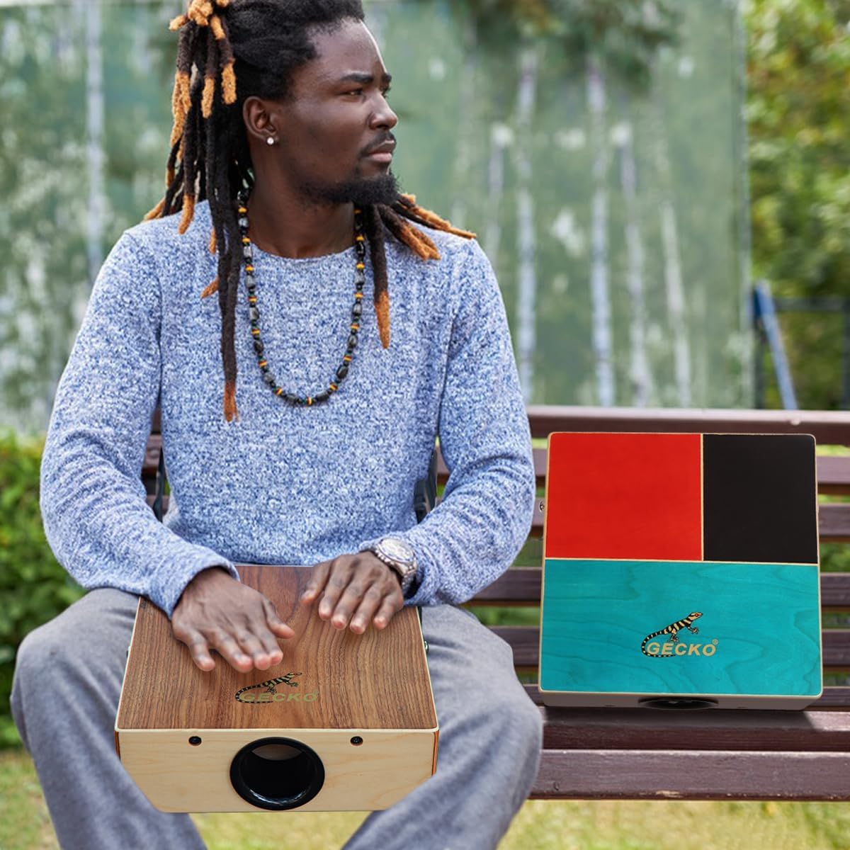 GECKO Cajon Drum Dual Sided Wooden Cajon with Bongo and Guitar String Sounds Portable Hand Percussion for Beginners and Professional Drummers Birch and Walnut Includes Carry Bag