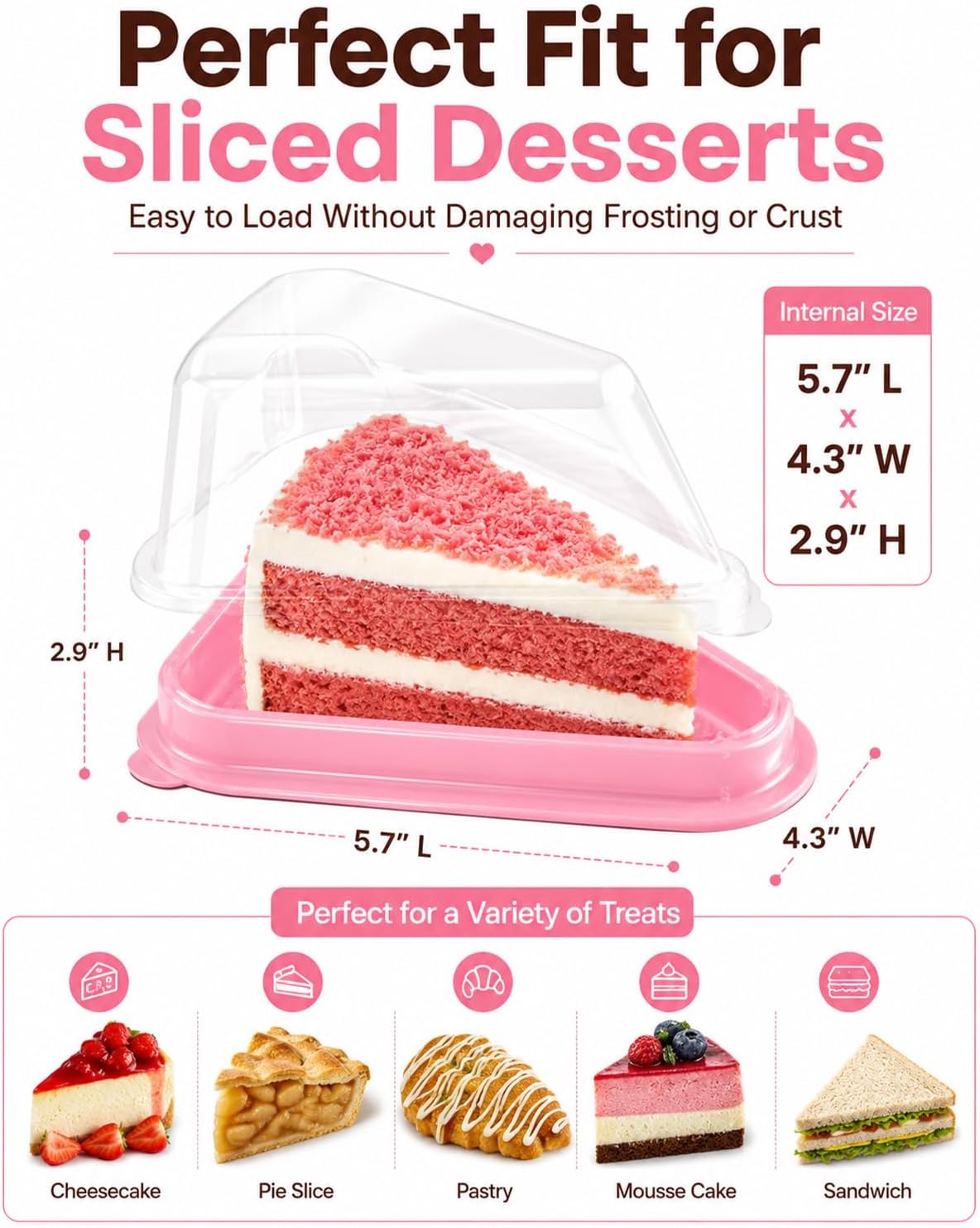 50 Pack Cake Slice Containers with Pink Base & Clear Lids - Disposable Triangle Cheesecake Boxes for Pie, Dessert, Pastry - Individual Plastic Slice Holders with Stickers (Pink)