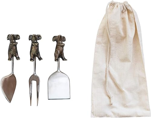 Creative Co-Op Servidores de queso de aluminio fundido con asas en forma de ratón en bolsa con cordón (juego de 3 estilos)