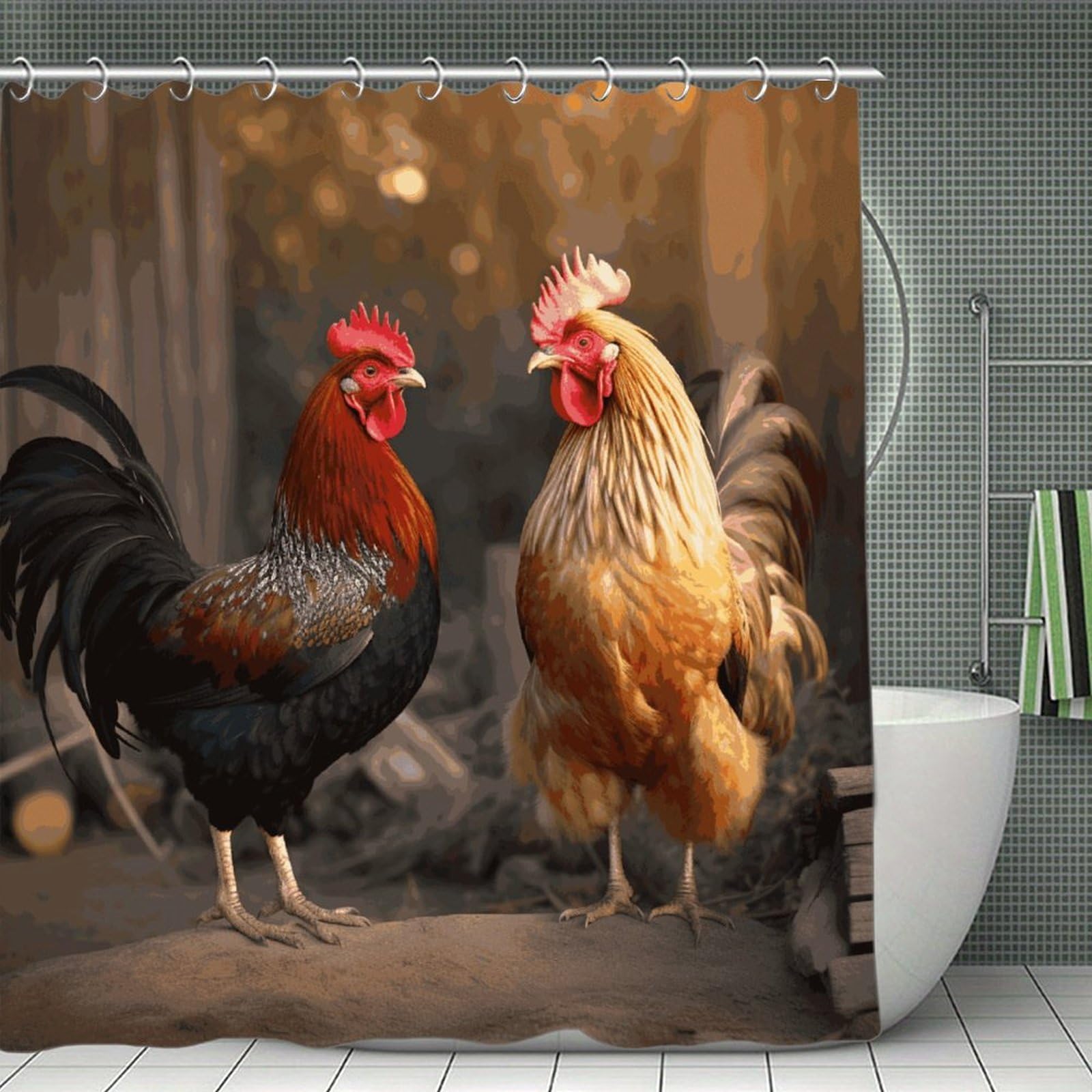 FekiLoot Rooster and Chicken Shower Curtain Minimalist Thick Bathroom Curtain Washable Modern Bathroom Shower Curtain Heavy Duty Waterproof Cloth Bath Curtain with Hooks 70.8"x70.8"