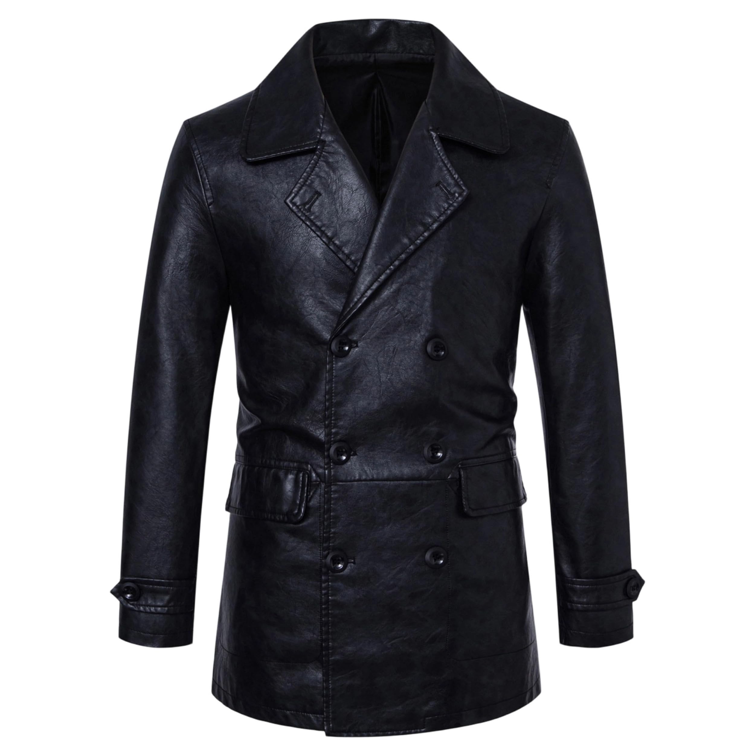 Chaqueta blazer cruzada de piel sintética para hombre, estilo motero, corte entallado, abrigo formal, elegante chaqueta de vestir.