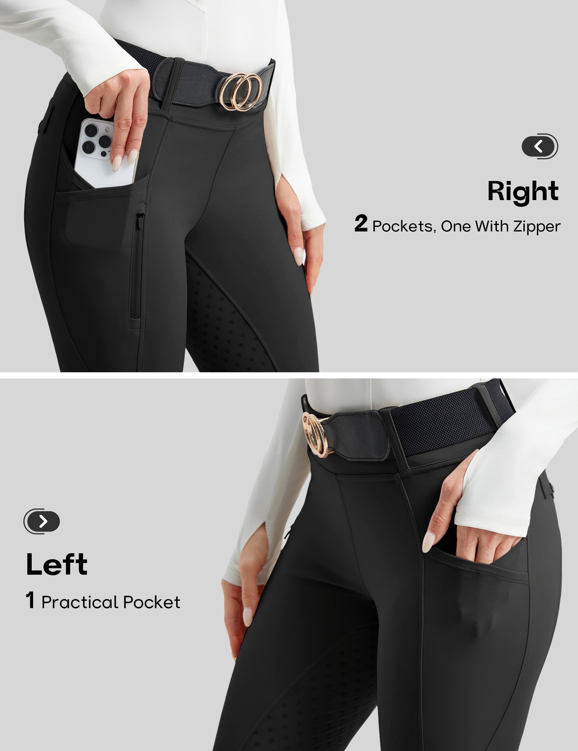 FitsT4 Sports Pantalones de equitación para mujer, de silicona, elásticos, con 3 bolsillos laterales y trabillas para cinturón, Negro , S