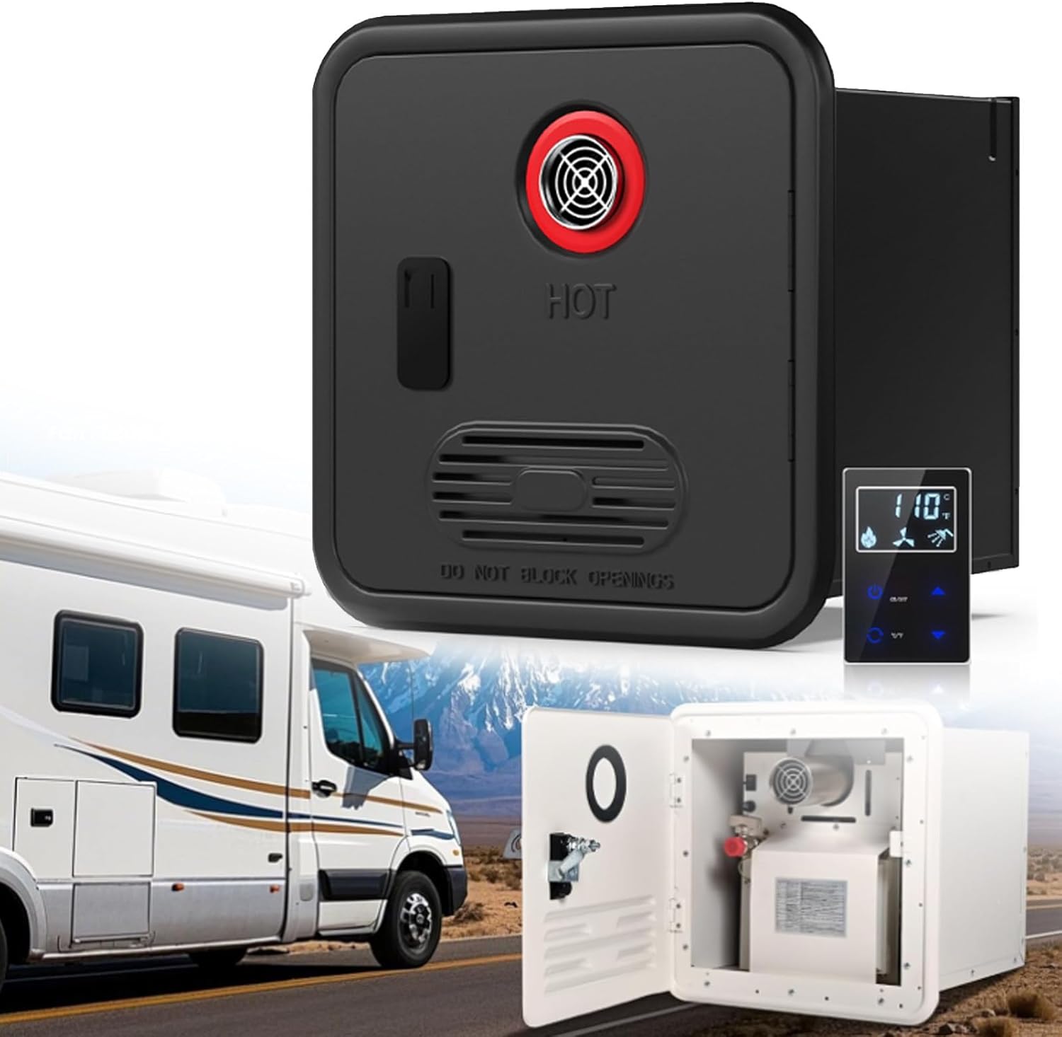 RV Tankless Water Heater, 55,000 BTU RV Instant Water Heater with Intelligent Thermostat, 15x15 Inchs Door and Front Water Outlet, Propane, DC 12V, Compatible with All RVs Black (Black)