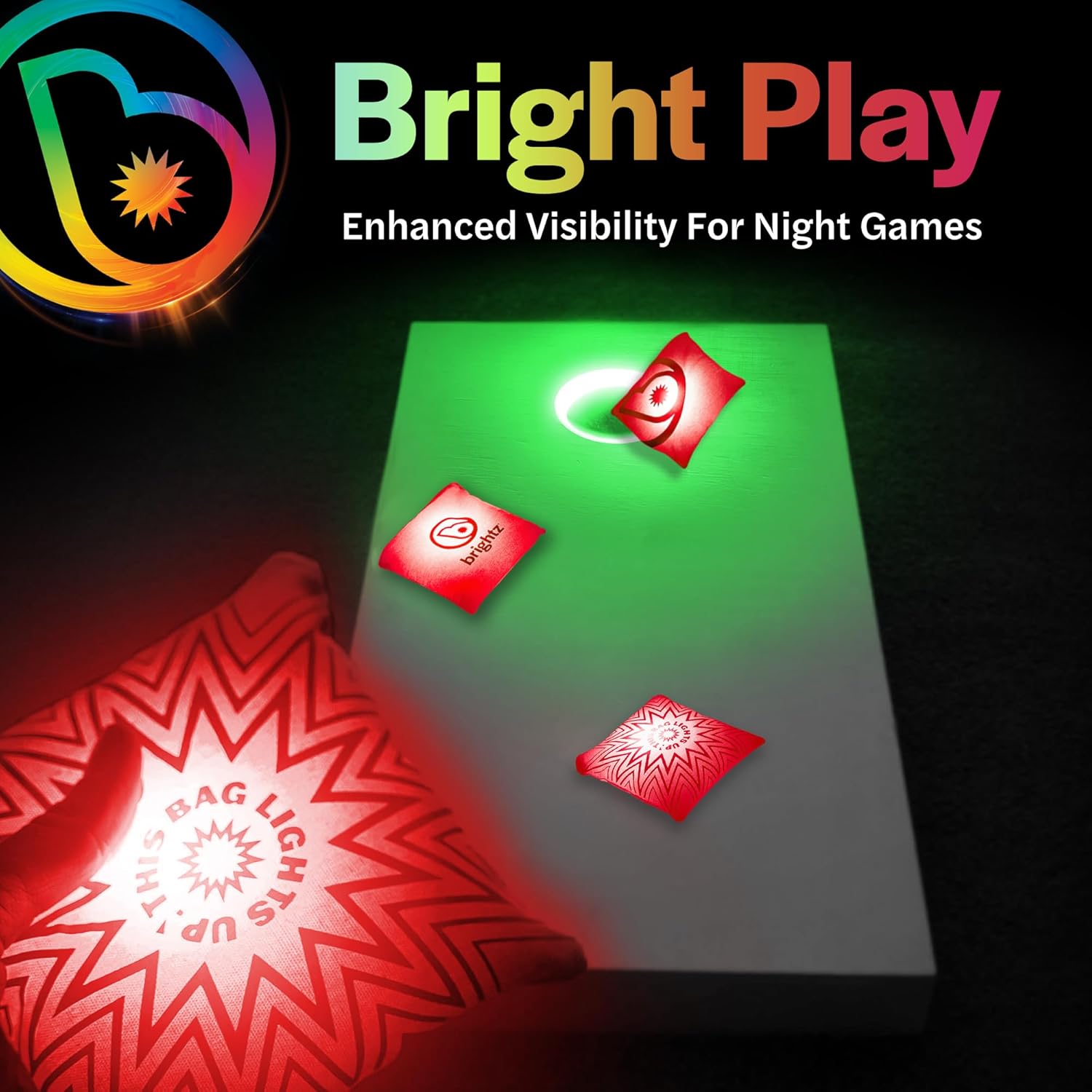 Brightz Premium Cornhole Ring Light with LED Bags - Includes 4-Pack of LED Cornhole Bags + RingBrightz Cornhole Ring Lights - The Ultimate Night Time Cornhole Master Set