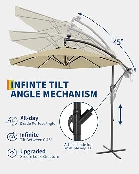 10FT Cantilever Umbrella with Solar Lights, Outdoor Offset Market Umbrella with Infinite Tilt and Cross Base, Outside Patio Umbrellas for Backyard, Lawn, Garden and Pool (Beige)