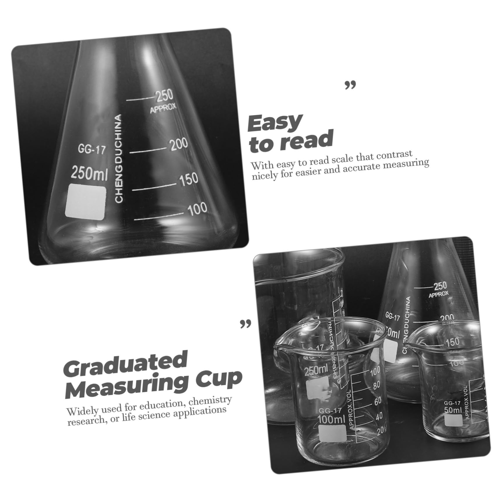 Bécher Gradué de Laboratoire en Verre 9 Pièces, 50 à 250ml