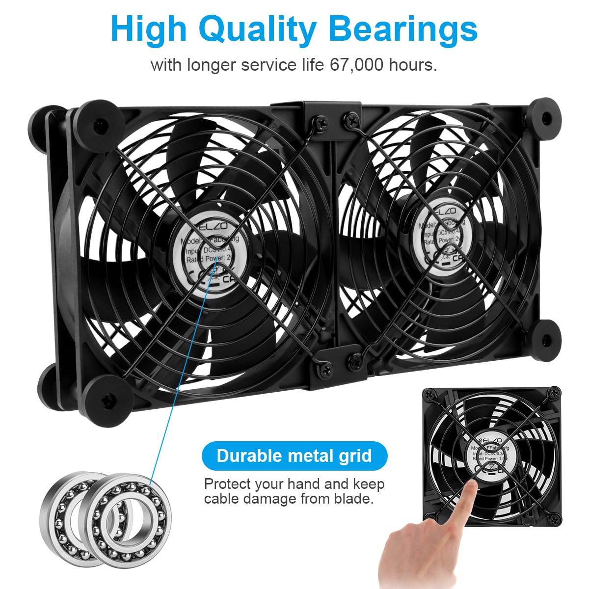 ELZO Ventilateur PC USB 120 mm double rangée 2 en 1, ventilateur d'ordinateur portable avec 3 vitesses réglables, ventilateur de refroidissement électronique avec 8 absorbeurs de chocs