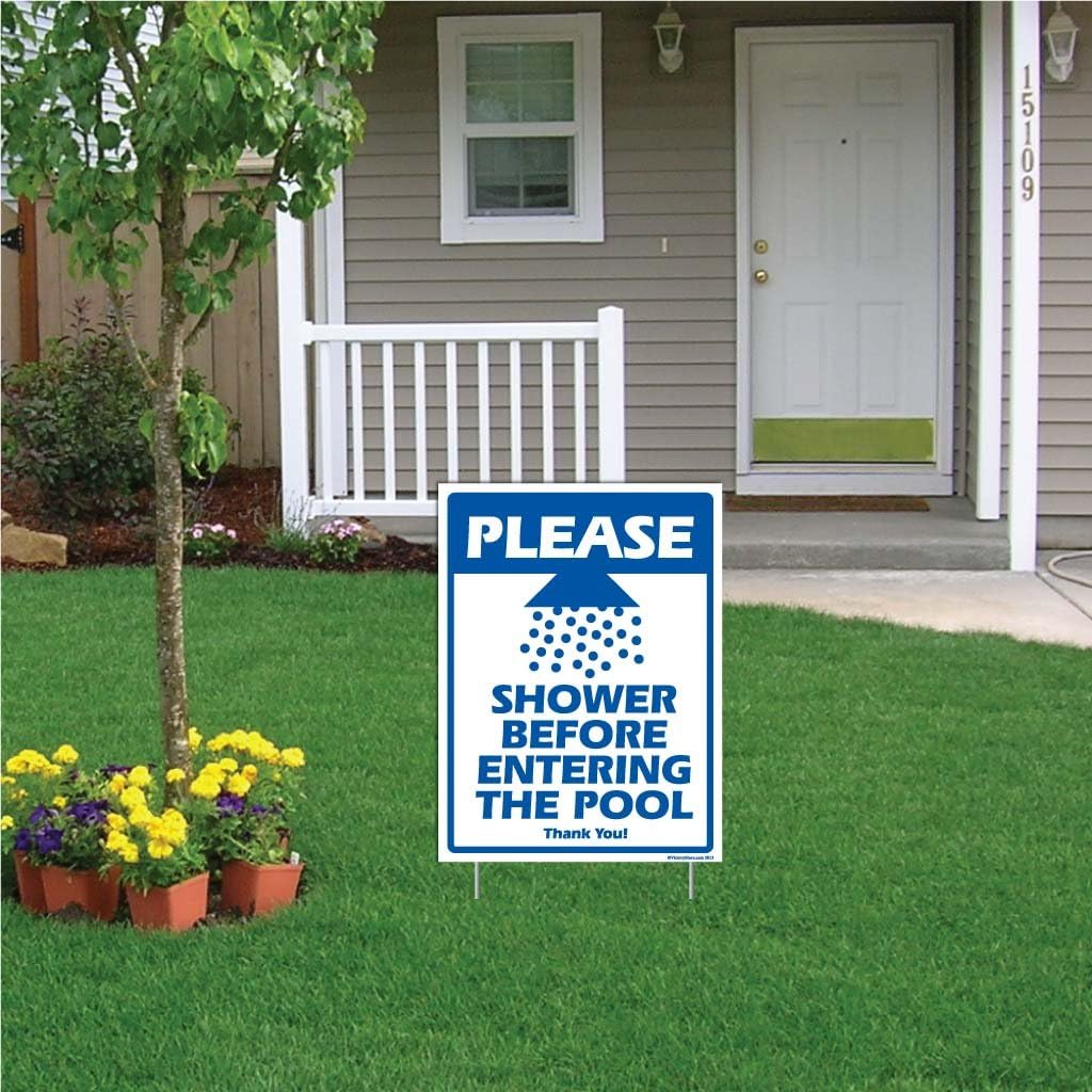 VictoryStore Yard Sign Outdoor Lawn Decorations: Please Shower Before Entering The Pool Plastic Sign, Size 18 inch x 24 inch
