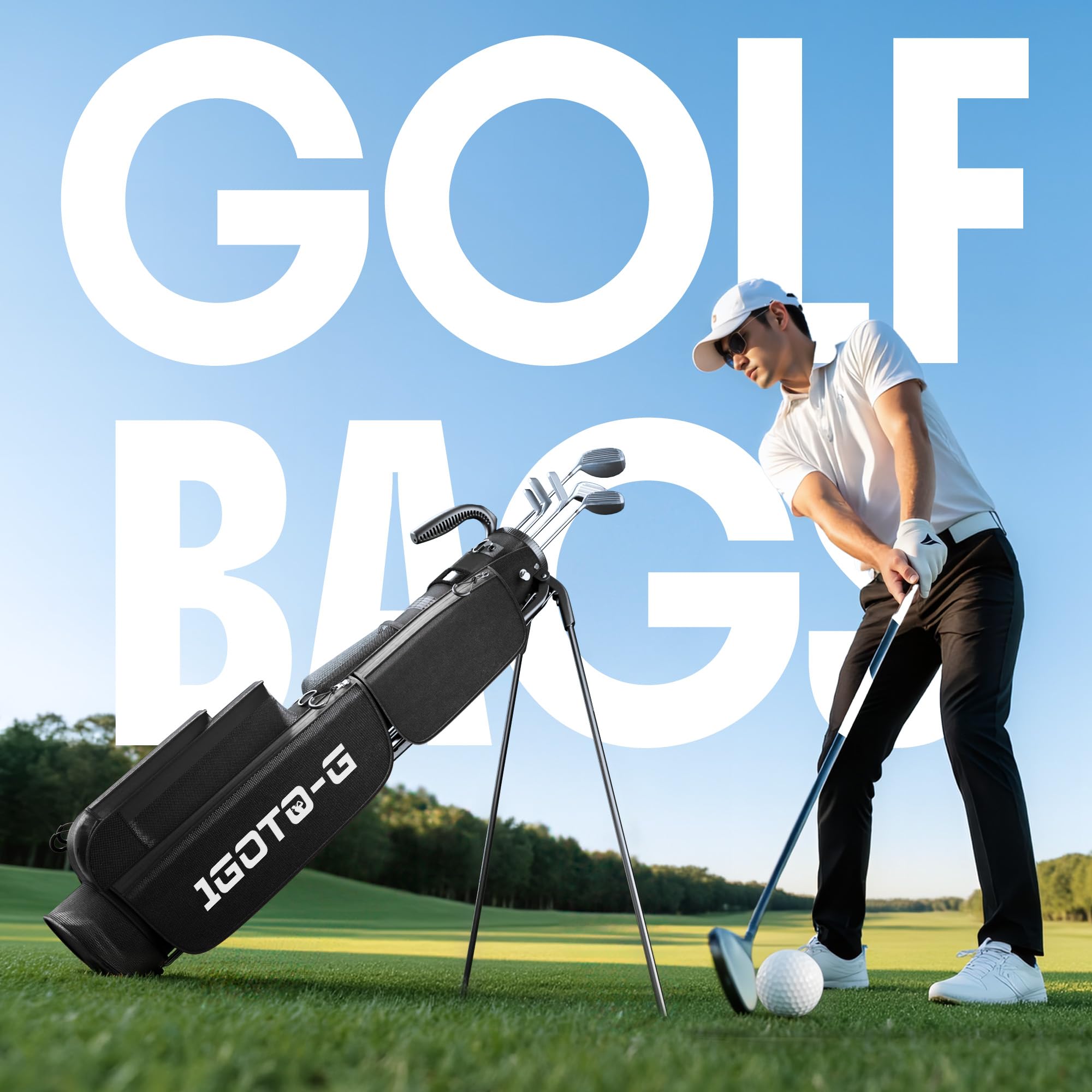 Condition photo showing New/Like New for golf lightweight stand bag, par 3 sunday small golf bag with 2 way dividers rain hood cooler pocket shoulder strap and multiple storage pockets for men and women