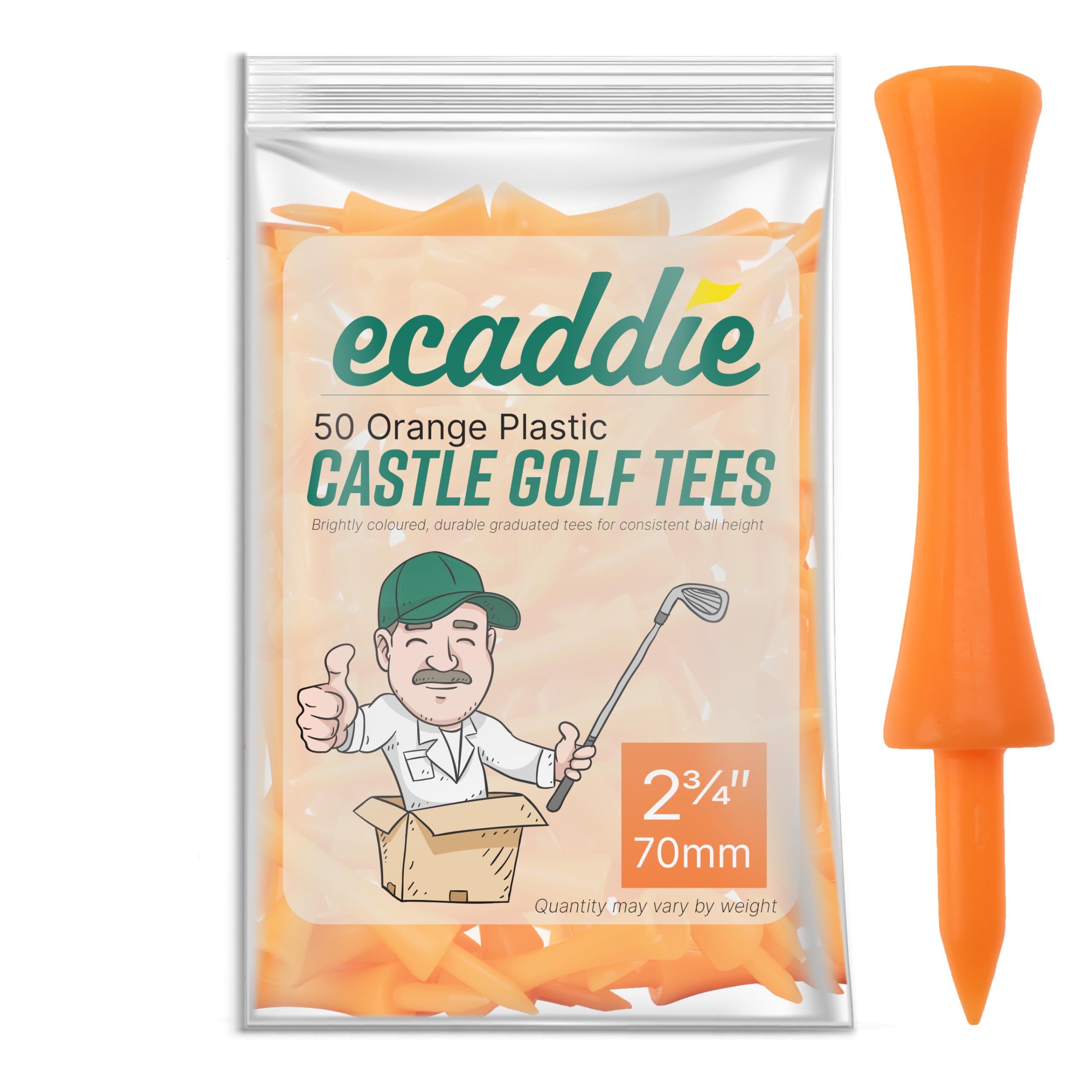ECADDIE Orange Golf Tees 70mm (50 Pack) - Bright Orange Castle Golf Tees - Durable Long Golf Tees Plastic Driver Tees - Castle Tees Golf Accessories -Orange Tees Golf Tees Driver for Play & Practice