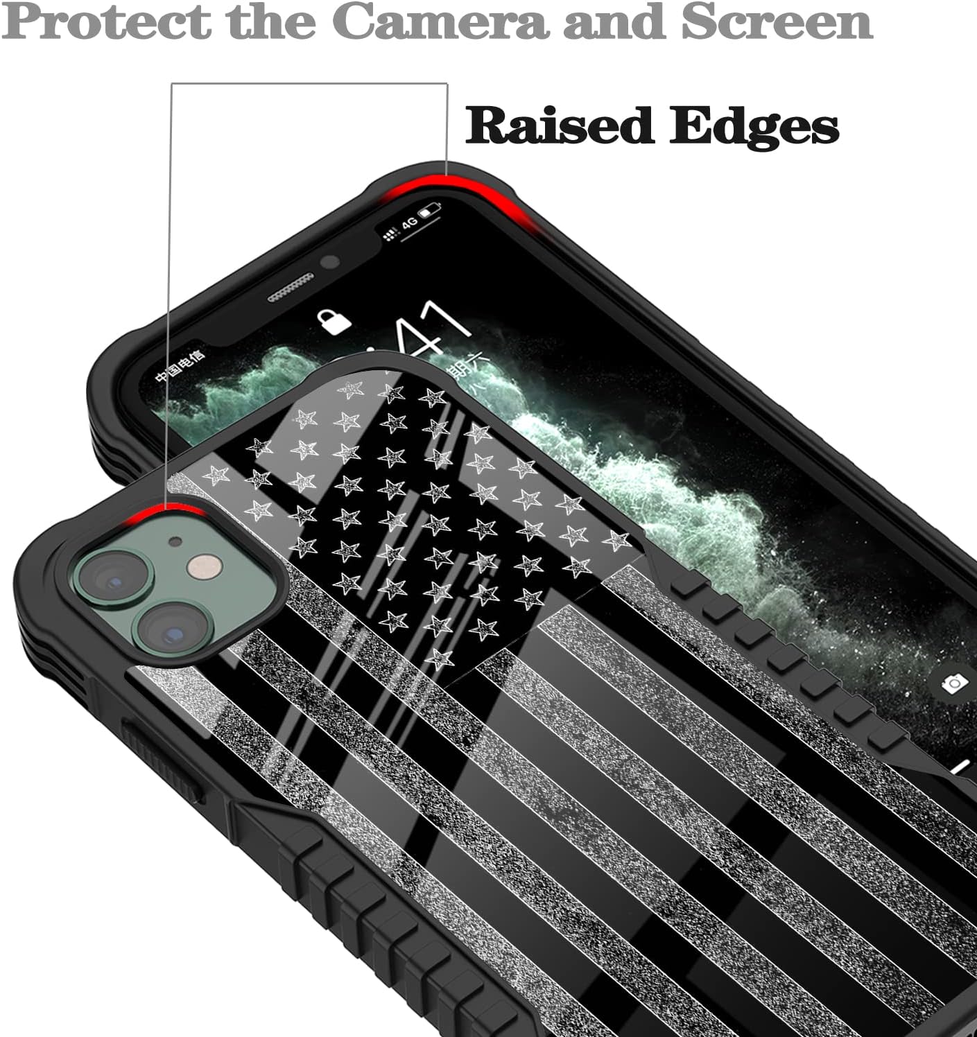 Compatible with iPhone 11 Case [Shockproof Bumper] [Anti-Scratch] [Anti-Slip] Heavy Duty Protection Cover for Men Boys - Black and White American Flag - Image 4