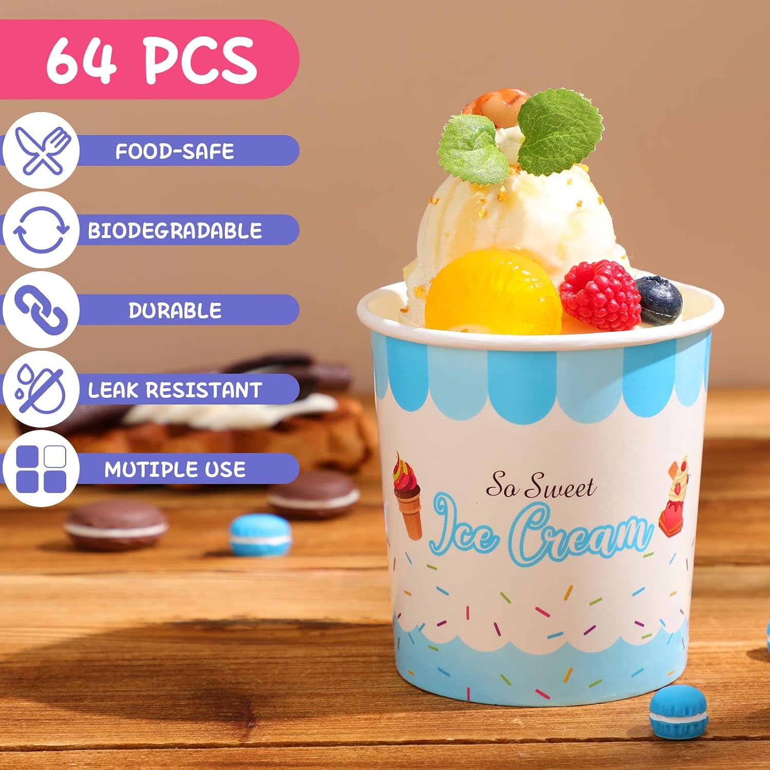 Jingmore 64 Pcs Paper Ice Cream Cup with Lids, Colorful Sundae Bowl, 16 oz image 3