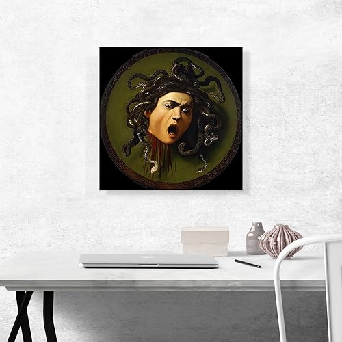 Miniatura 2 de ARTCANVAS Medusa Shield 1597 - Lienzo decorativo con fondo negro y marco estirado, póster con imagen giclée, decoración de pared, 18 x 18 pulgadas