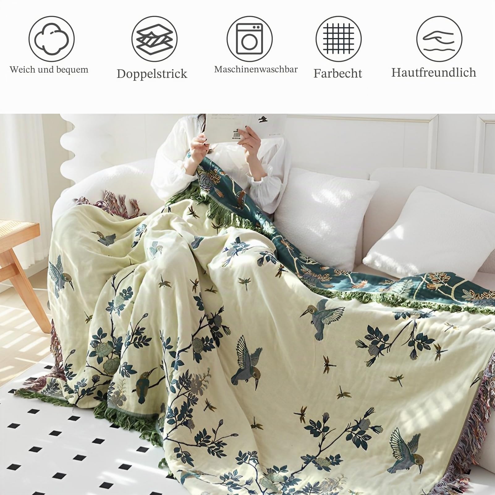 Doppelseitige böhmische Decke - 100% Bio-Baumwolle, handgewebte Bett- und Sofadecke, gemütlicher Boho-Akzent für 2-3-Sitzer Sofas und Sessel - 200x230cm,Deep Blue