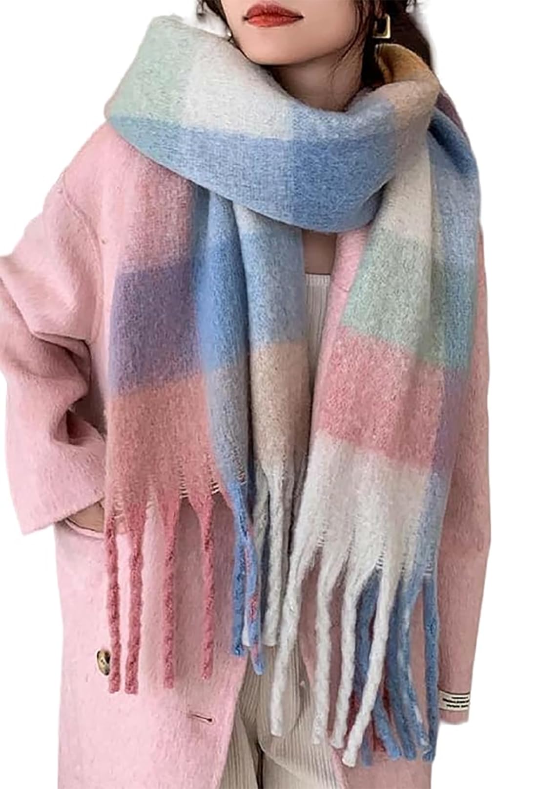 OgLuxeBlanket Scarf Wool Winter Women Ladies Tartan Fluffy Checked Thick Tassel Warm Scarves, Plaid Cosy Large Long Soft Shawl & Wrap Present Gifts For Her