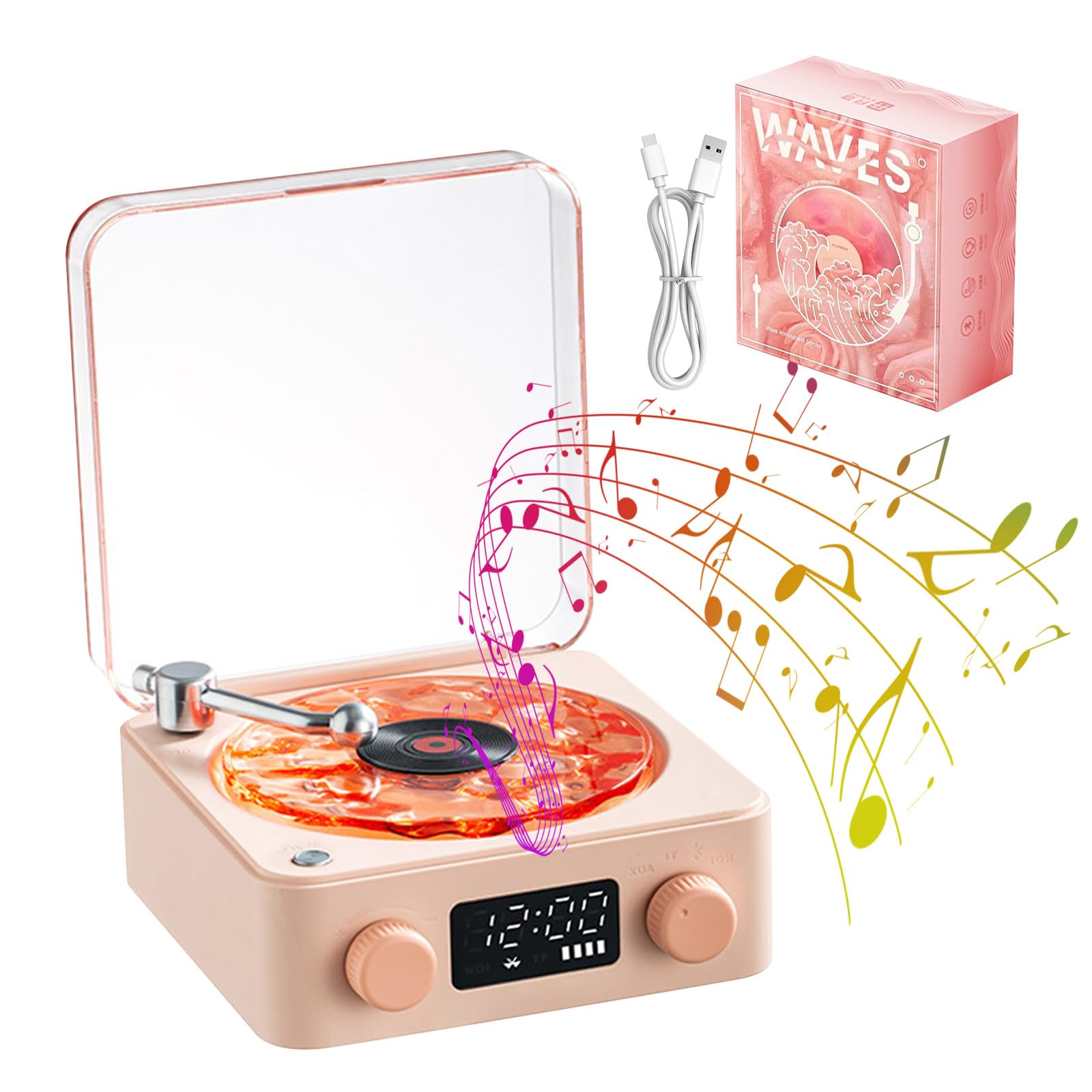 Reproductor de vinilo The Waves Mini altavoz retro de ruido blanco portátil con 4 sonidos de la naturaleza, altavoz portátil de ondas con luz RGB (rosa)