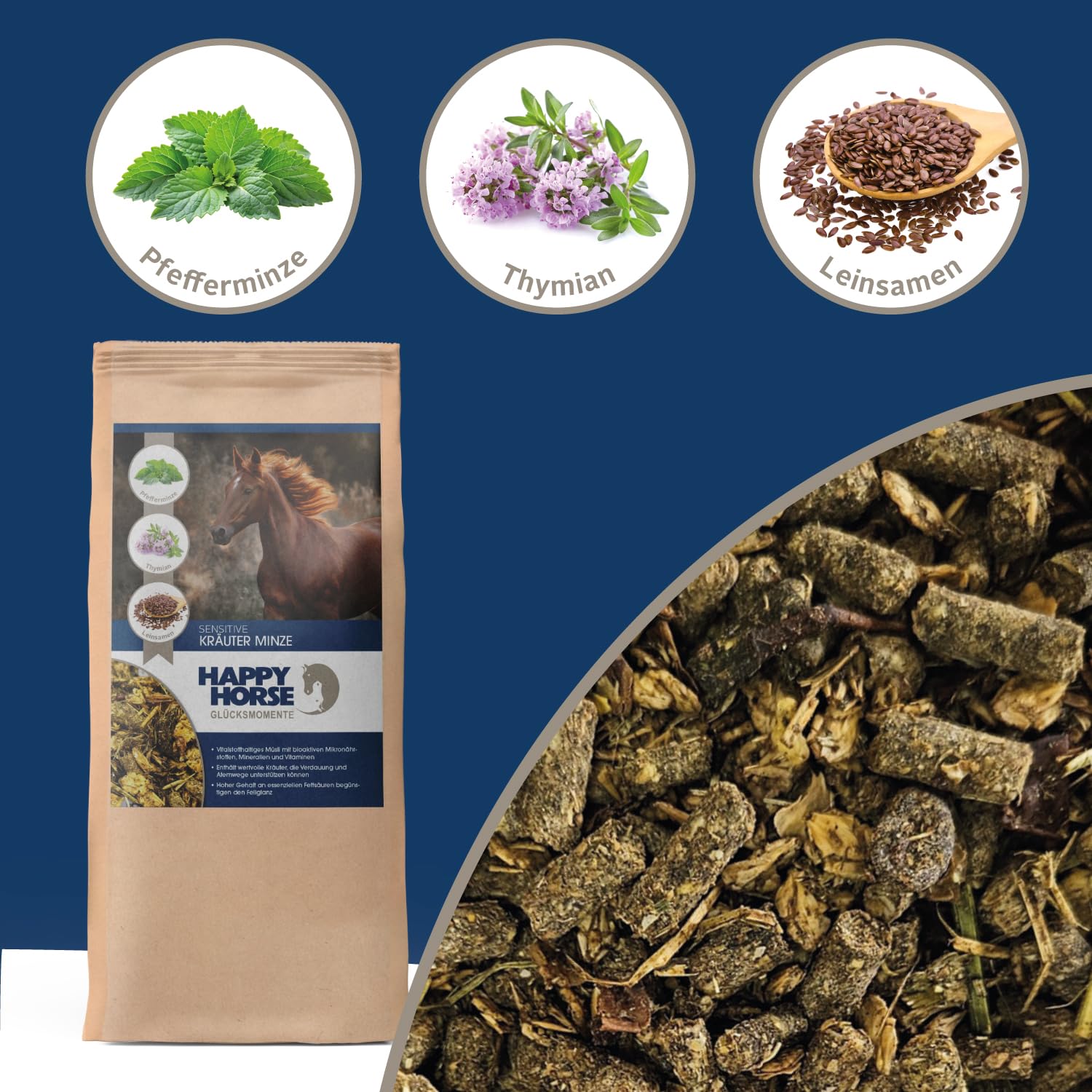 HAPPY HORSE Sensitive Kräuter Minze 2 x 14 kg – Pferdefutter zur Unterstützung der Atemwege - Mit Fenchel, Kamille und Rosmarin - Mineralstoffreiches Ergänzungsfutter für Sport- & Freizeitpferde