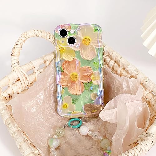 Miniatura 4 de NITITOP Funda compatible con iPhone 13, bonita funda de pulsera floral de flores de aceite con bonita correa de muñeca verde para mujeres y niñas,