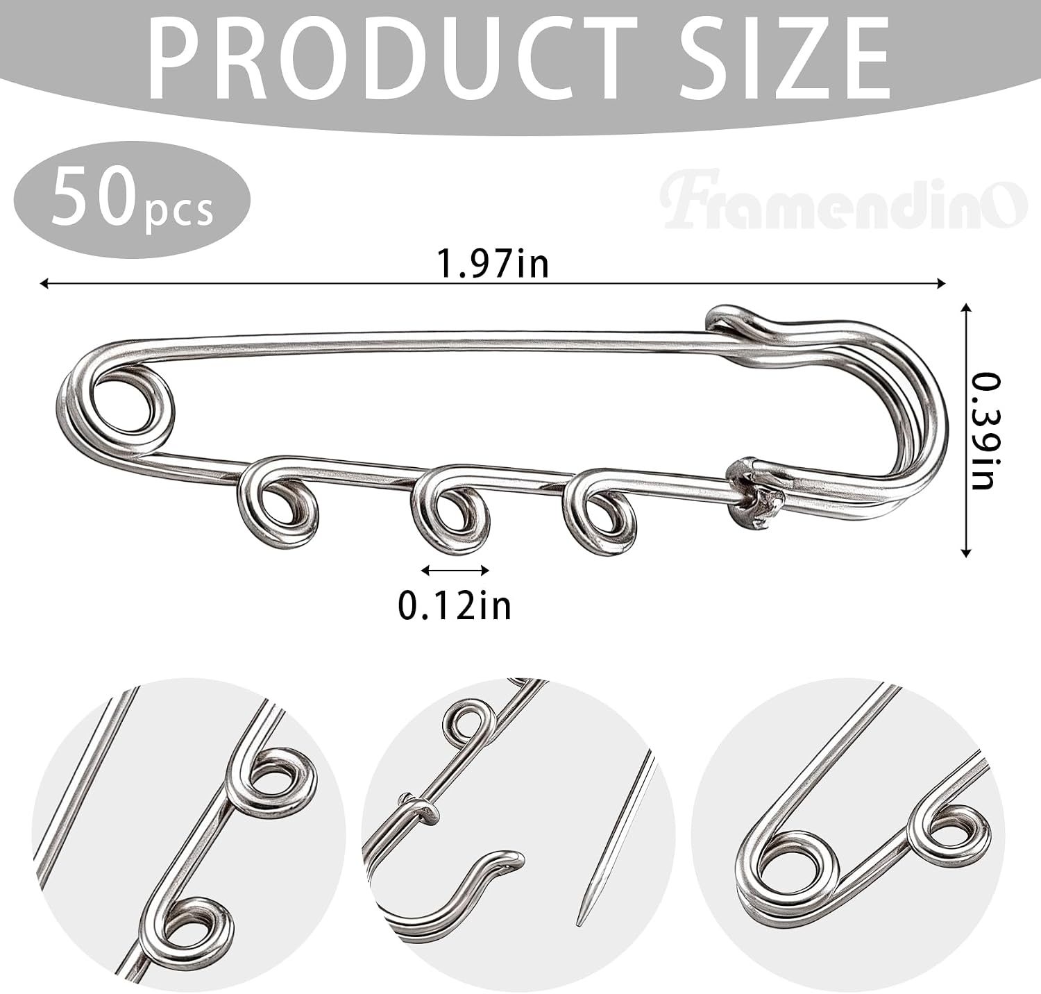 Framendino, 50 Pack 2 Inch Silver Large Safety Pins Iron Brooch with 3 Loops Metal for DIY Garment Blankets Skirts Knitted Fabric Crafts