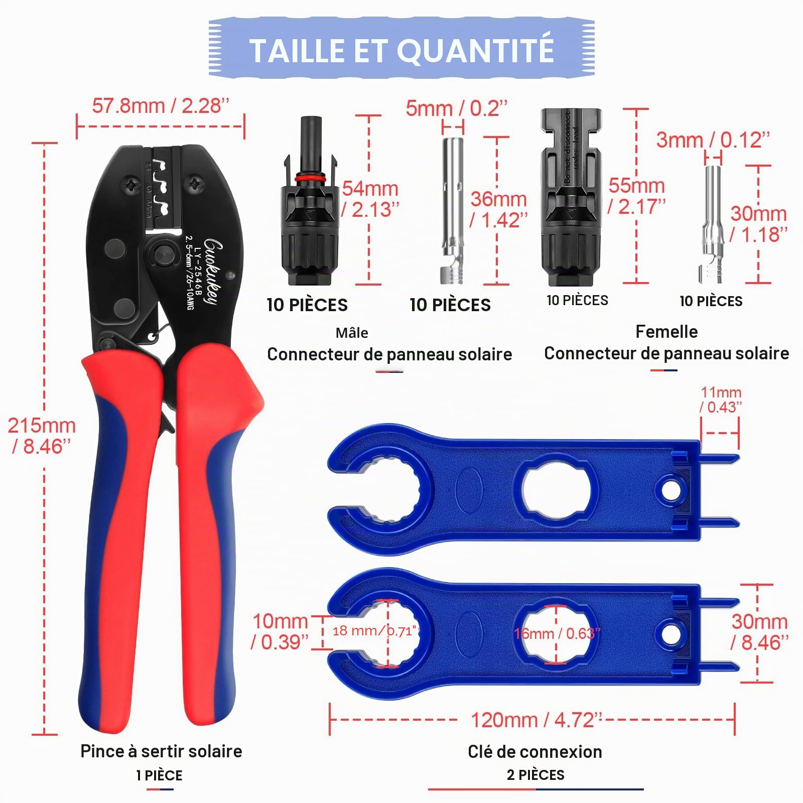 Kit de pinces à sertir solaire pour câble PV 2,5/4/6 mm², 5 paires de fiches MC4, 9 fiches solaires mâle/femelle, 1 pince à sertir MC4