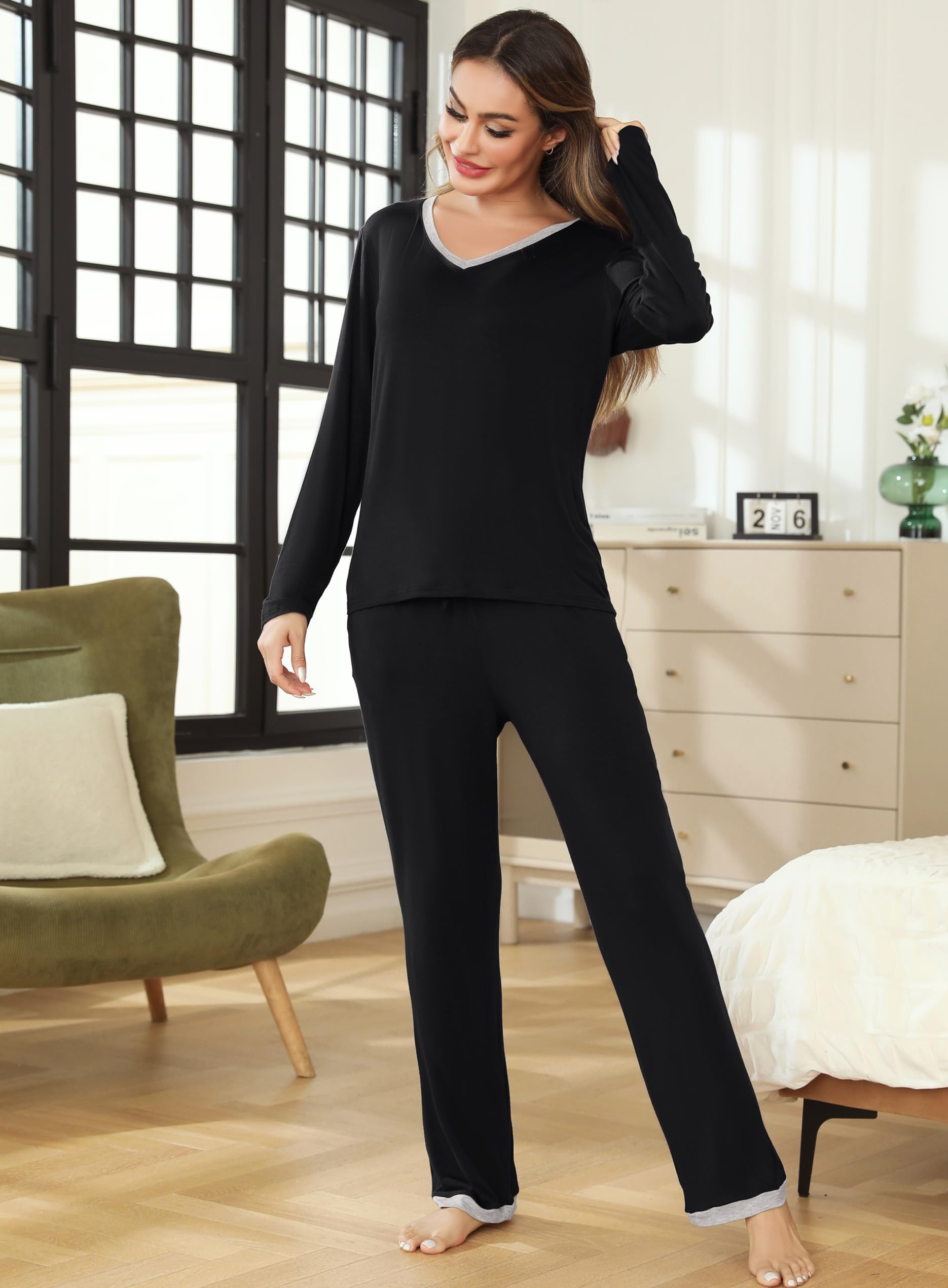 Lovasy Pigiama Donna Manica Lunga Pantaloni Lunghi Casual Scollo a V Top con Motivo a Pois Carino con Tasca Due Pezzi