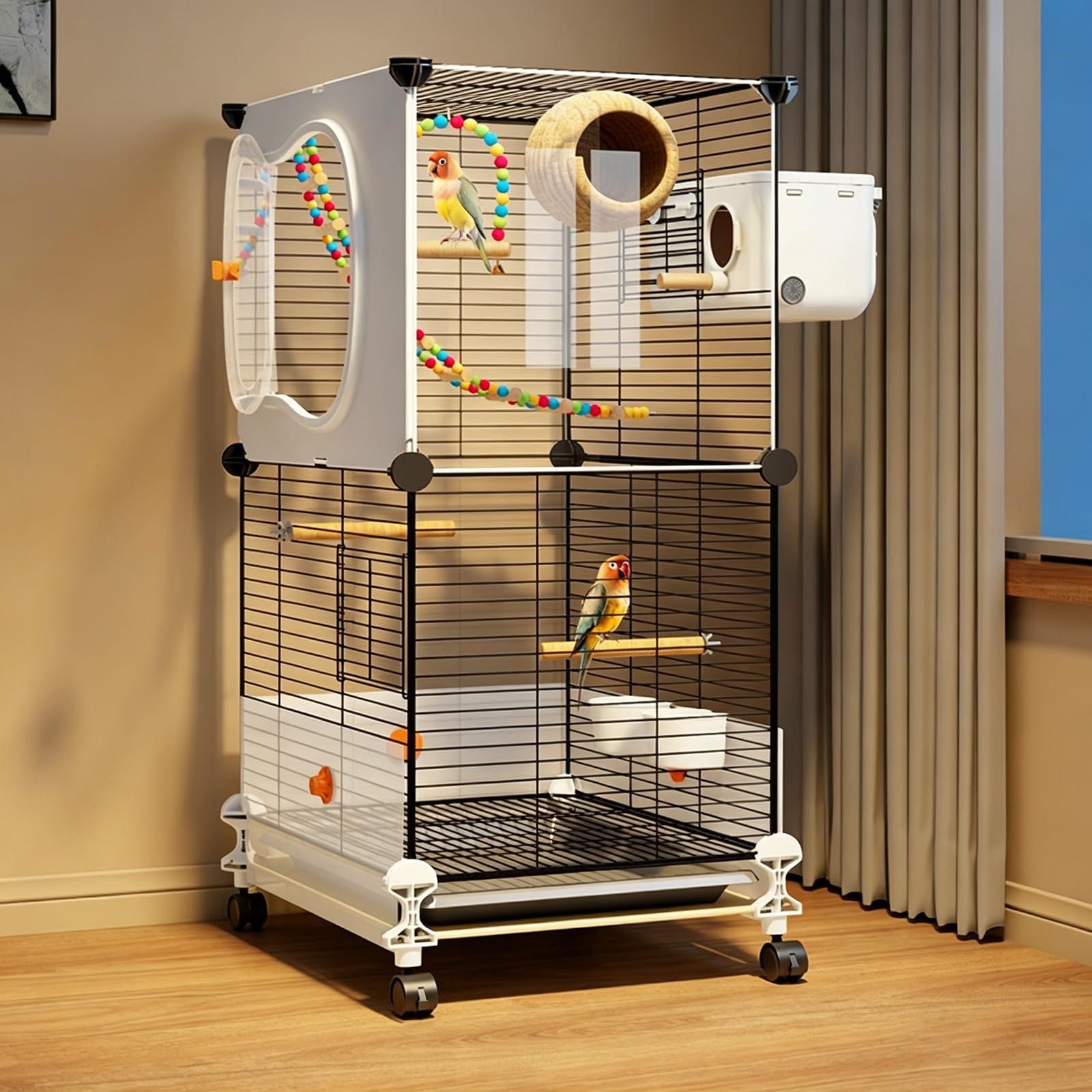Bird Cage,Large Parrot Cage with Acrylic Doors, 3-Tier Movable Birdcage Parakeet Cage w/Wheels, 360° View Spacious Interactive Bird House(82 * 36 * 36cm)