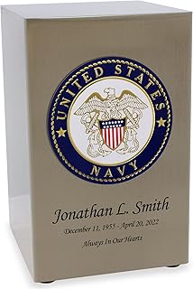 Navy Veteran Cremation Urn for Ashes - Full Color United States Military Medallion on Pewter Finish Urn - 200 Cubic Inch Capacity Urn - Includes Personalization