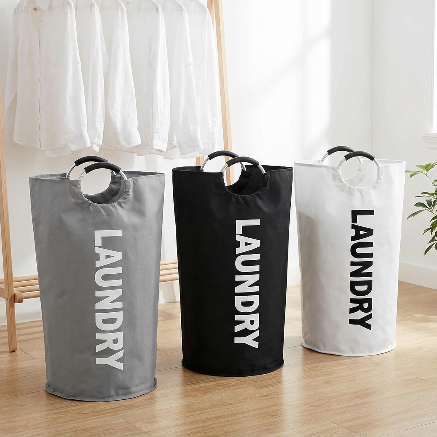 3 Pack Laundry Basket,Waterproof Dirty Clothes Hamper with Foam Protected Aluminum Handles for Laundry,Dorm,Family (Off-white/Gray/Black/90L)